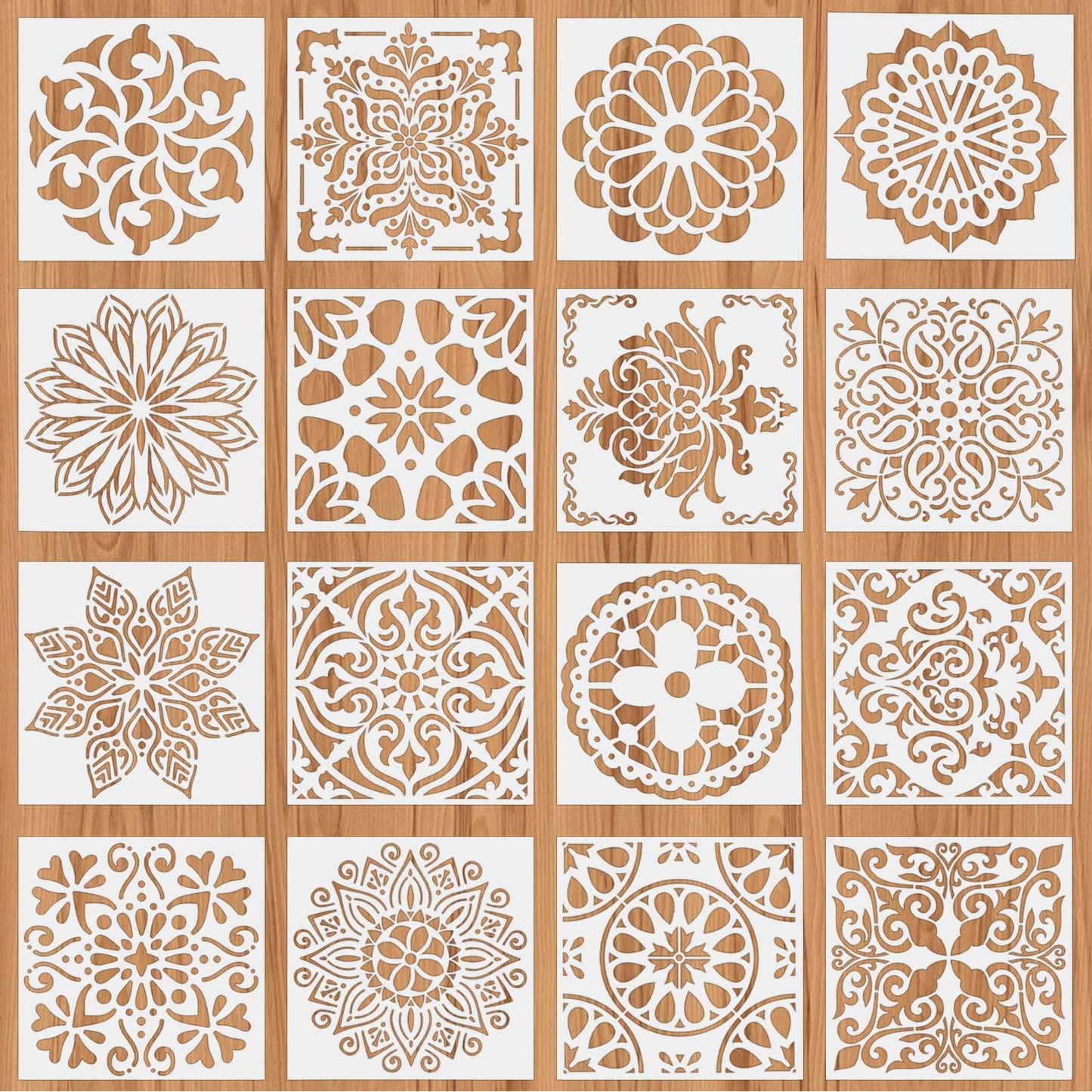 MBAIYO Pack of 16 Mandala Stencils, Reusable Painting Template Stencil Kits, Flowers Painting Stencil, Airbrush Stencil, 15 x 15 cm, Drawing Stencils for Children, DIY Craft, Scrapbooking, Painting