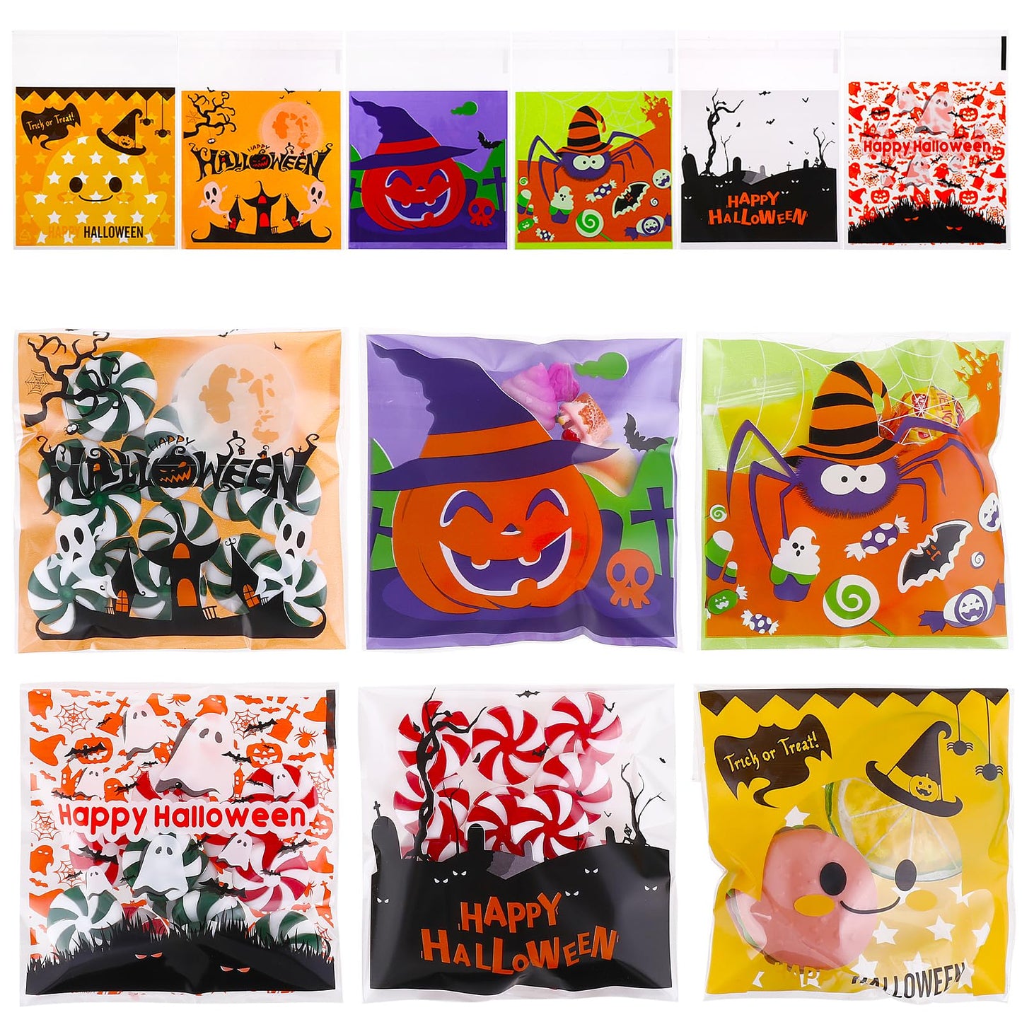 Amaxiu 300 Pcs Halloween Treat Bags, 6 Cute Style Candy Bags Clear Trick or Treat bags Self Adhesive Plastic Bags Bulk for Halloween Party Favor Supplies Gift (B)