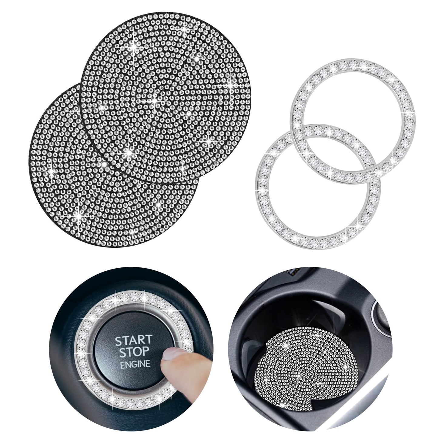 cobee Bling Car Cup Coasters, 2 Pcs Universal Silicone Anti Slip Auto Cup Holder + 2 Pcs Bling Insert Coasters & Push Start Button Starter Ring Crystal Rhinestone Car Coaster (Silver)