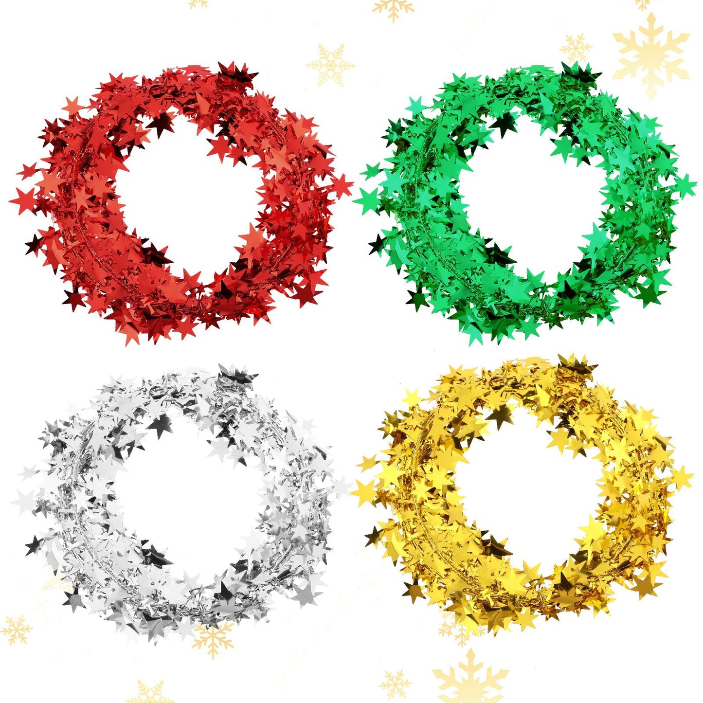 simarro 4 Roll Christmas Star Tinsel Garlands with Wire, 25 Ft Sparkly Star Tinsel Garlands Christmas Tree Deco Xmas Color Bar Xmas Wire Rattan for Xmas Tree Wedding Birthday Party Festive Ornament