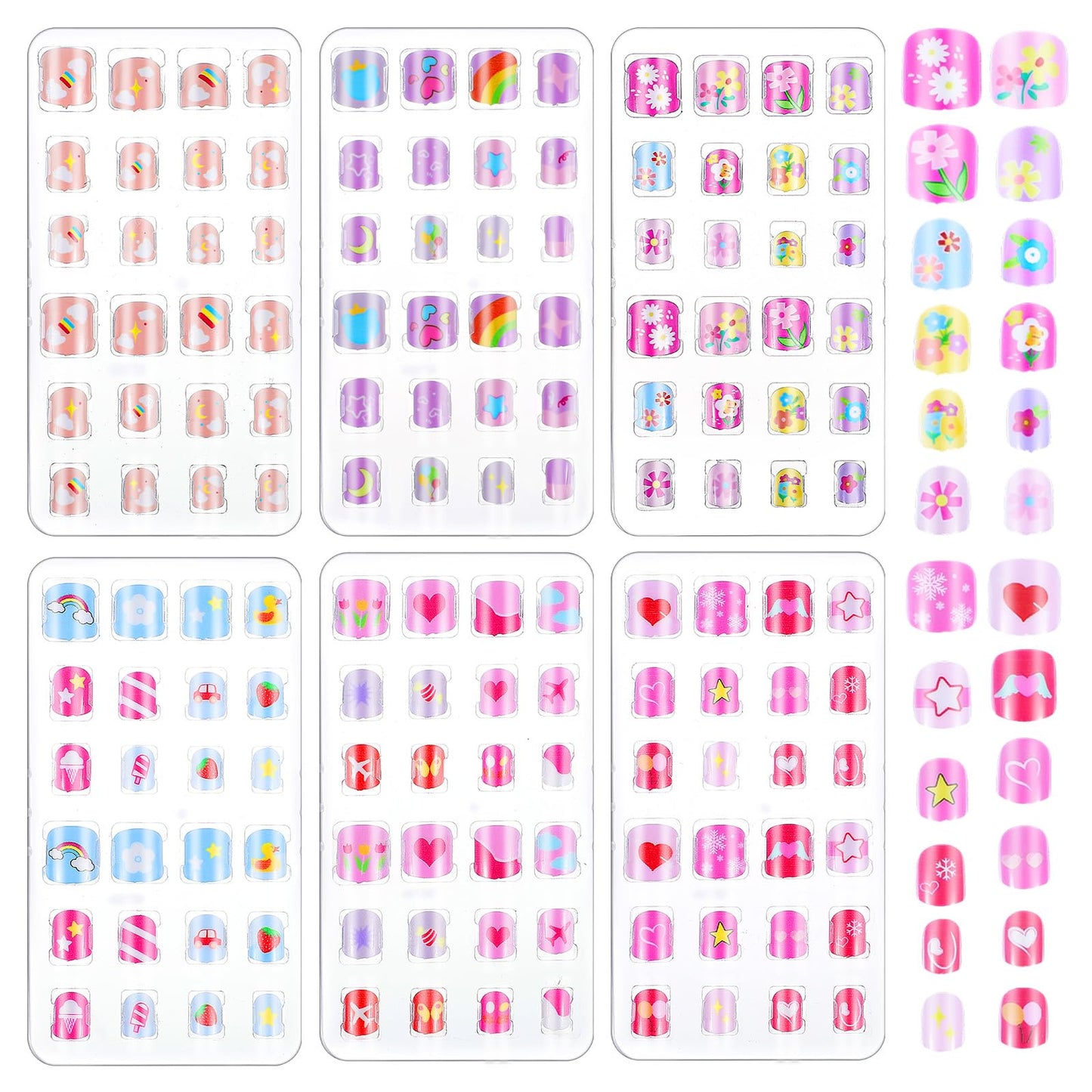 XLIUAX Pack of 144 Children's Fingernails for Sticking, Self-Adhesive Nail Art Stickers with Nail File, Short Artificial Nails, Gel Nail Stickers Strips with Cartoon Pattern