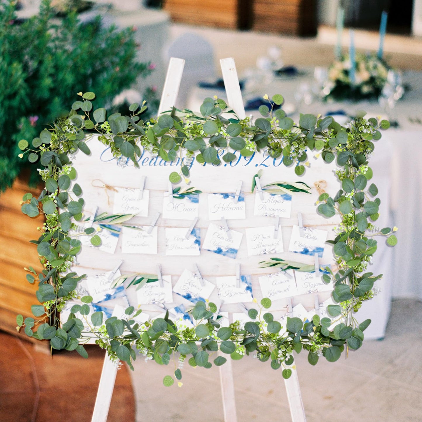 XLIUAX Eucalyptus Garland, 5.9 Ft Artificial Eucalyptus Garland with Flowers, Table Greenery Garlands Vines Hanging Summer Decor for Wedding Party Table Fireplace Bedroom Wall Room