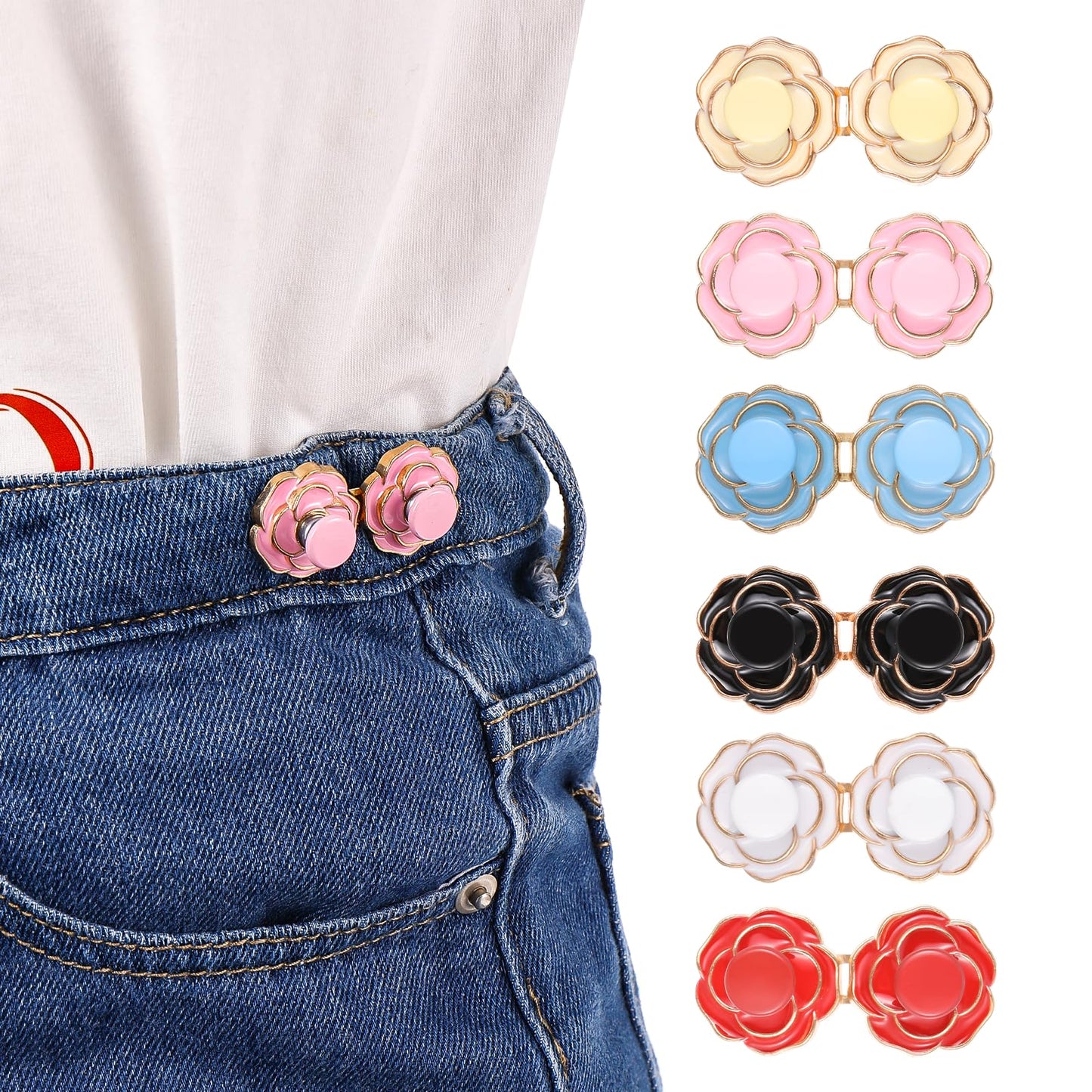 Yuanchu Trousers Waist Tightener, Pack of 12 Coloured Jeans Button Pins with Flower Motif, Adjustable Waist Buckle, No Sewing, No Tools, Instant Replacement for Wide Jeans, Trousers, Dresses, Skirts,