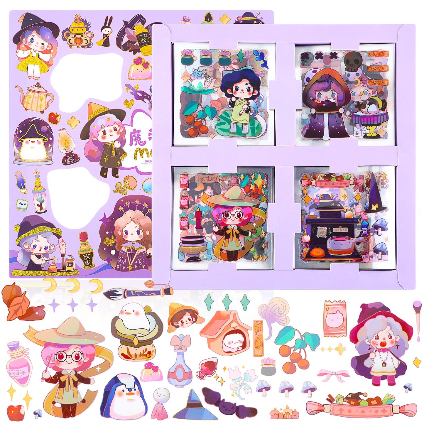 Amabro 100PCS Cute Cartoon Sticker, Kawaii Transparent Stickers PET Waterproof Water Bottle Sticker Decorative Self-Adhesive Decal for Scrapbooking DIY Skateboard Luggage Phone(Magic Fairy)