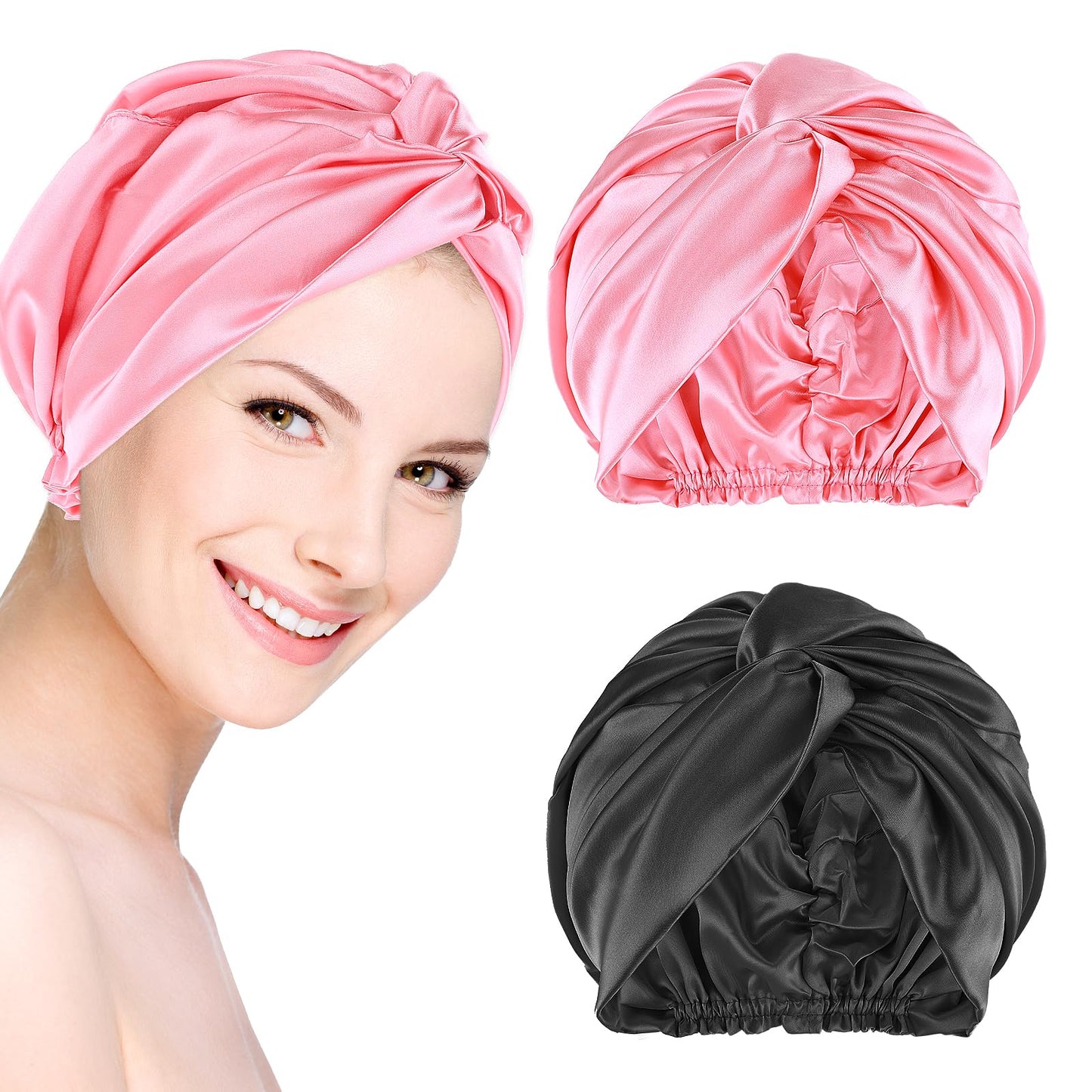 Amabro 2 PCS Silk Satin Bonnet, Adjustable Double-Sided Sleep Bonnet Reusable Night Sleeping Hair Care Cap Women Girl Waterproof Shower Cap for Long, Straight, Curly Hair
