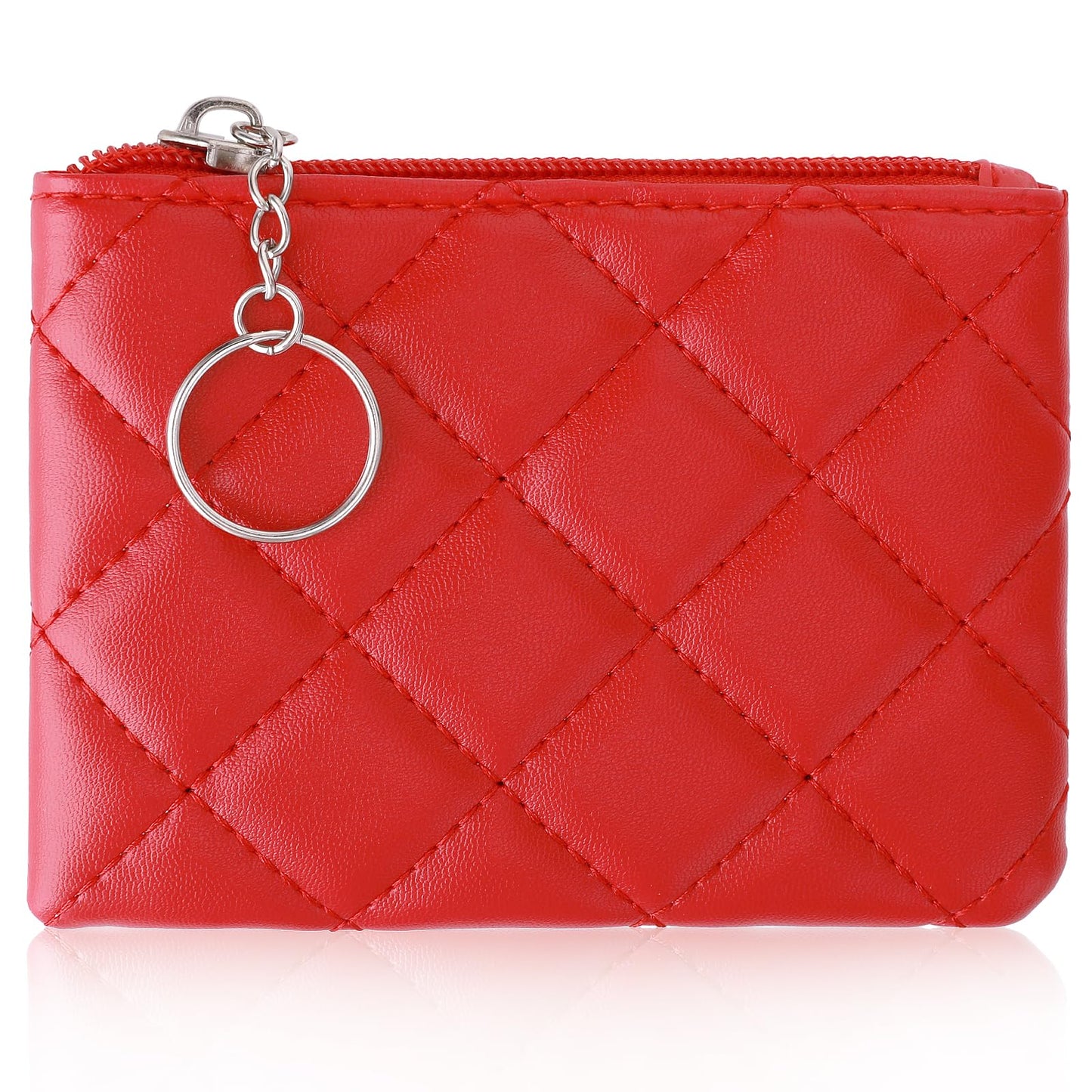 TIESOME Coin Purse, Rhombus Embroidery PU Zipper Coin Purse Portable Wallet Short Ladies Coin Purse Zippered Keychain Mini Coin Bag for Women & Men Coin Wallet (Red)
