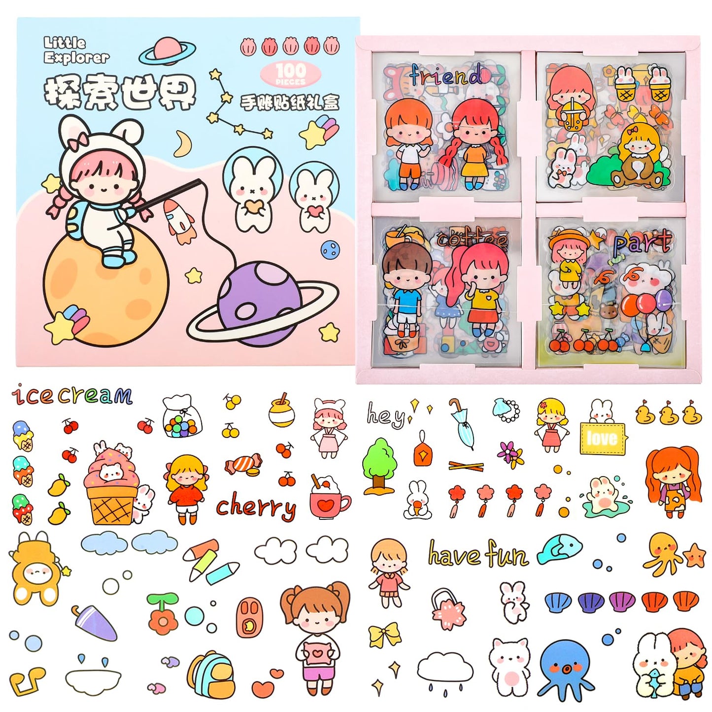 Amaxiu 100 Sheets Kawaii Stickers Kit for Girls, Over 400 Designs Cute Cartoon Explore The World Stickers Transparent Decorative Sticker for Scrapbooking Planner Journals DIY Crafts