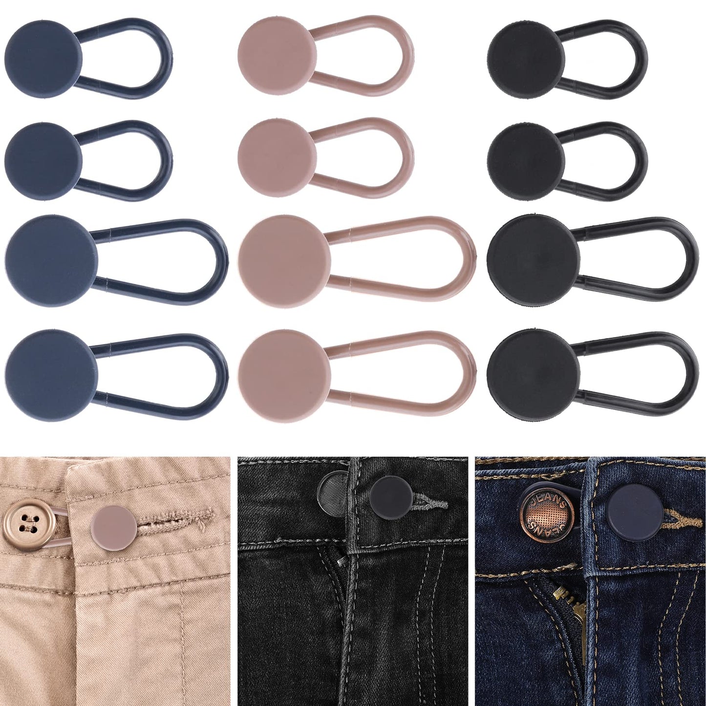 cobee Waist Pants Button Extender, 12 Pieces Waistband Extender Buttons for Men Women Jeans Button Expander No Sew Button 0.6/1.2in 2 Sizes(Inelastic)