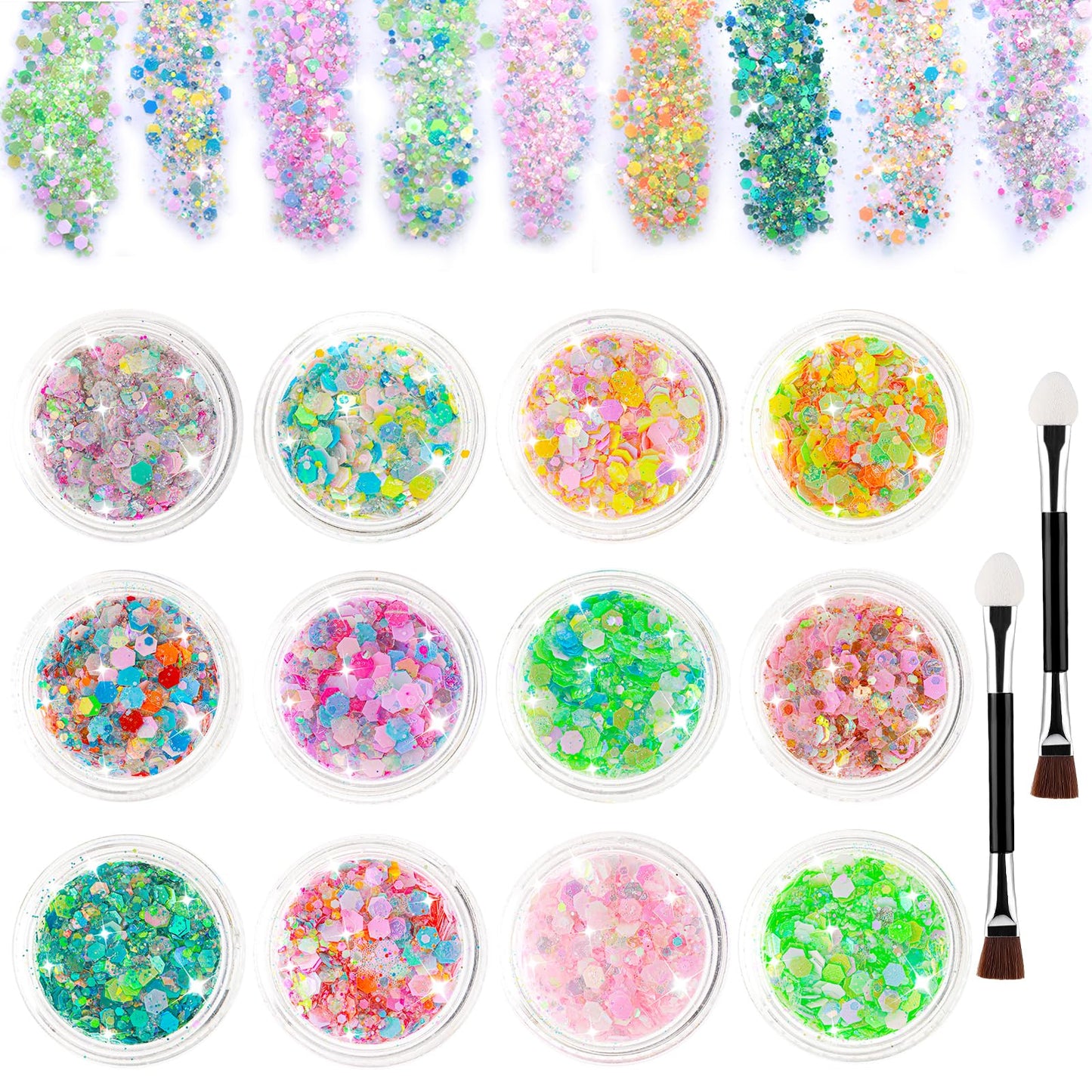 Giantree 12 Colors Glitter Sequin Set with 2 Double-Head Cotton Brushes, Festival Glitter Face Rainbow Sequins for Nails Hair Eyes Lips Body Halloween Makeup Glitter DIY Crafts ()