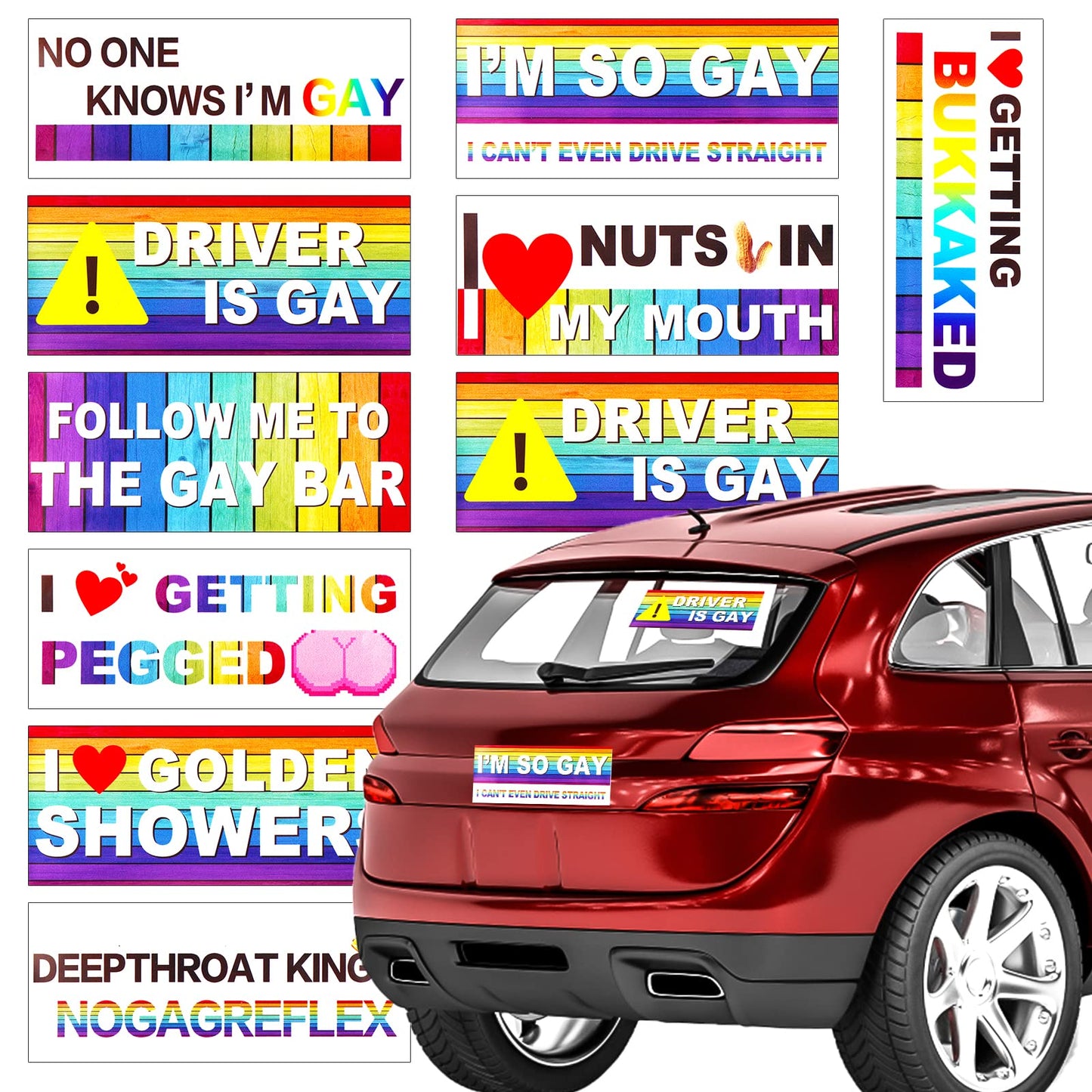 TIESOME Funny Prank Car Sticker Decals, 10 Pieces Funny Gay Prank Bumper Decals Rainbow Joke Bumper Stickers Colorful Car Accessories for Adult Present Truck Window Motorcycle Luggage (B)
