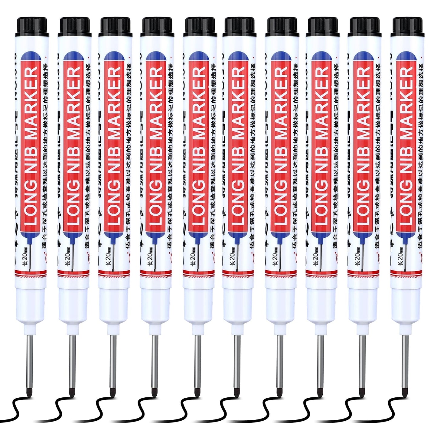 AOZUO 10Pcs Deep Hole Marker Pens, 20mm Long Head Drill Deep Nib Markers Multi-Purpose Black Waterproof Carpenter Pens for Construction Bathroom Woodworking