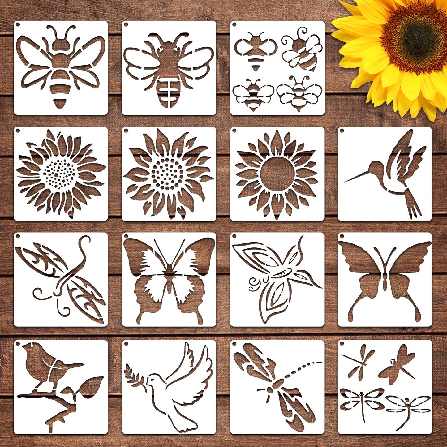 Yuanchu 15 Pcs Nature Stencils for Painting, Reusable Sunflower Bee Stencil Birds Stencils Butterfly Dragonfly Templates DIY Craft Stencils for Drawing on Wood Wall Canvas Rock Chalkboard