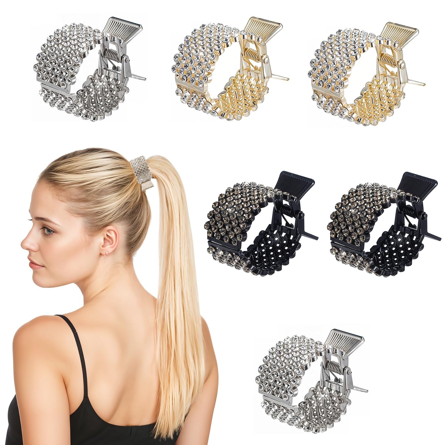 Yuanchu Pack of 6 Women's Hair Clips, Rhinestone Hair Clips, Metal High Ponytail Holder, Non-Slip Hair Clip, Ponytail Clips, Small Claw Clip, Crystal Hair Pin for Thick, Thin Hair