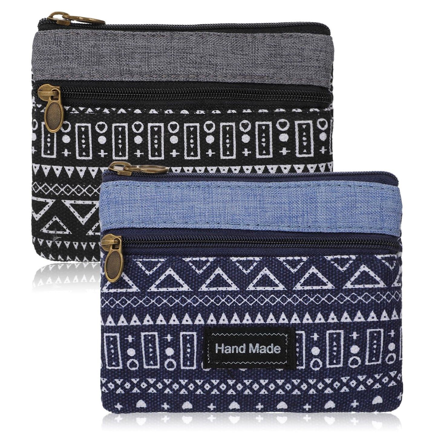WJIAAA Pack of 2 Women's Mini Purses, 4 Layers Zip Pockets, Mini Purse, Small Canvas Purse for Coins, Cash and Cards, 12 x 9 cm, Royal Blue/Black, Bohemian charm