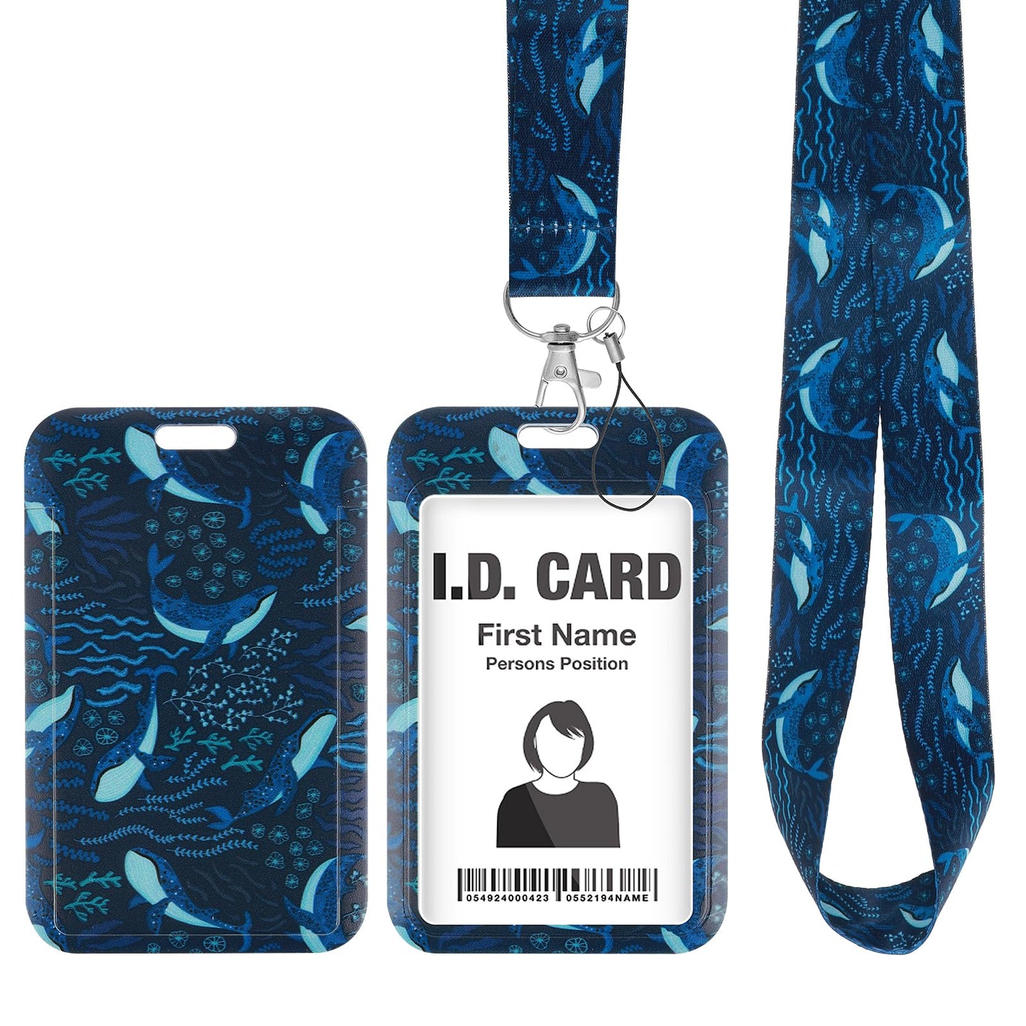 cobee Badge Holder Lanyard Set, Whale Pattern Badge Card Neck Lanyard with Vertical ID Card Protector Aesthetic Car Key Card Holder Wallet Lanyard Whale Keychain for Women Men Teacher Nurse(Style-B)