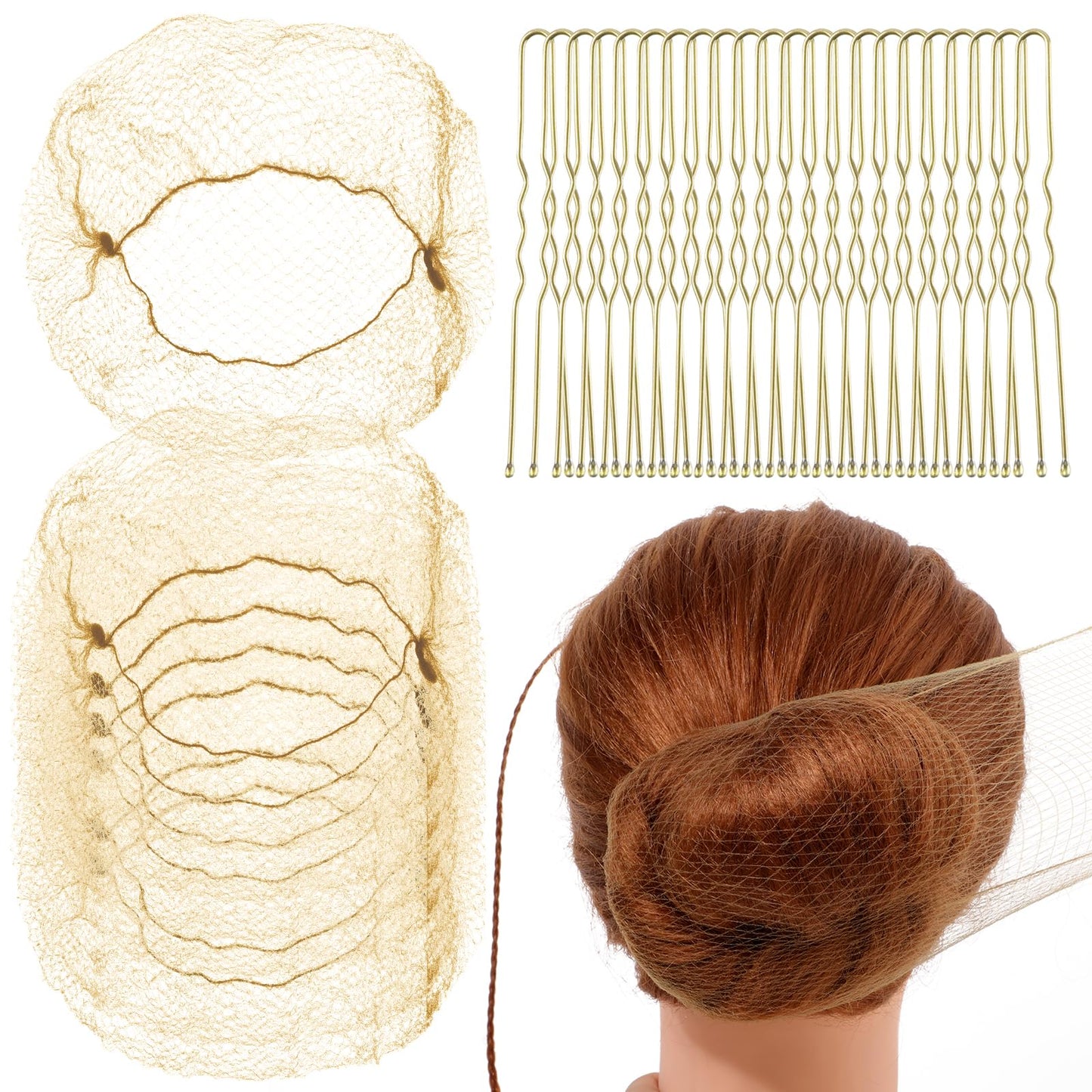 Giantree Hair Nets for Buns, 20 Pcs Invisible Hair Nets and 50 Pcs U Shaped Hair Pins Set, Ballet Bun Hair Net Hair Bun Pins for Women Ballet Dancer Dance Maker Food Service Workers(Gold)