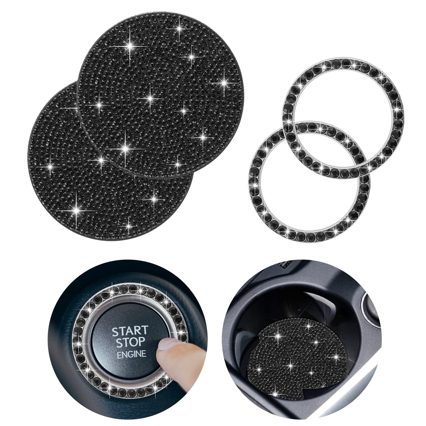 cobee Bling Car Cup Coasters, 2 Pcs Universal Silicone Anti Slip Auto Cup Holder + 2 Pcs Bling Insert Coasters & Push Start Button Starter Ring Crystal Rhinestone Car Coaster (Black)