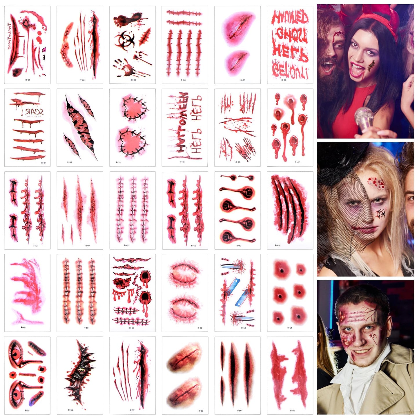 Amaxiu Halloween Temporary Tattoos, 30 Sheets Fake Wound Bloody Stitch Scars Scab Halloween Tattoos Stickers Waterproof Body Makeup Tattoo for Halloween Prank Cosplay Masquerade(Style-B)