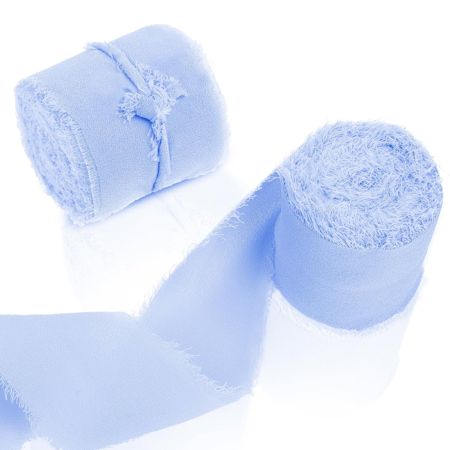 cobee Chiffon Ribbons, 2 Rolls 1.5" x 5.5 Yard Handmade Fringe Chiffon Silk Ribbons Frayed Edges Ribbons Fabric Boho Ribbon for Gift Wrapping Wedding Invitations Flower Arrangement Decor(Blue)
