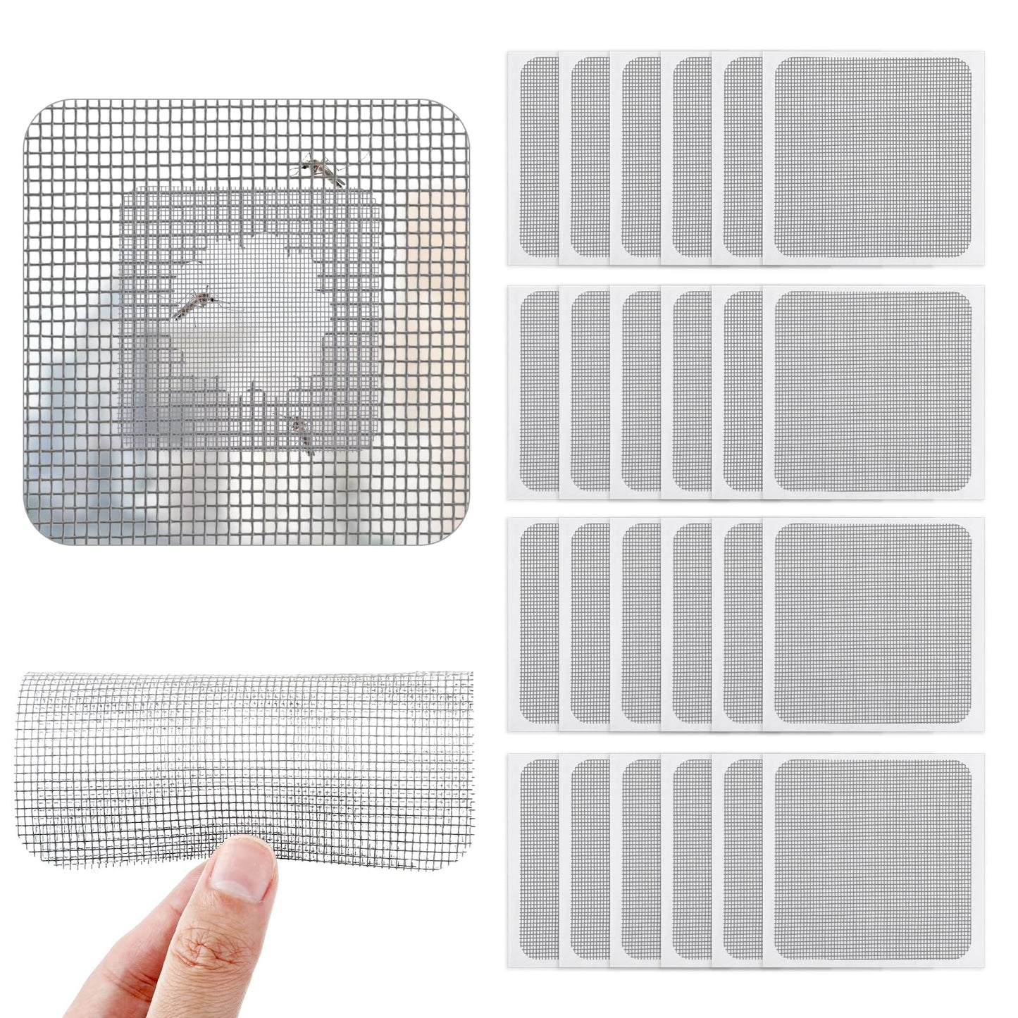 Amabro Window Screen Repair Patches, 3-Layer Strong Adhesion Window Door Screen Mesh Replacement Repair Patches Self-Adhesive Fiberglass Screen Quick Repair Tape, 4" x 4"(24pcs, Gray)