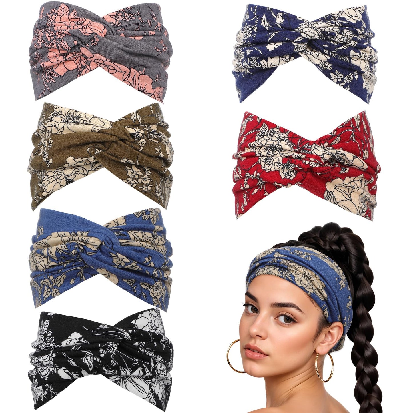 MBAIYO Pack of 6 Women's Headbands, Wide Headbands for Women, Elastic Hair Bands, Fit Workout, Spa, Fitness, Running, Yoga