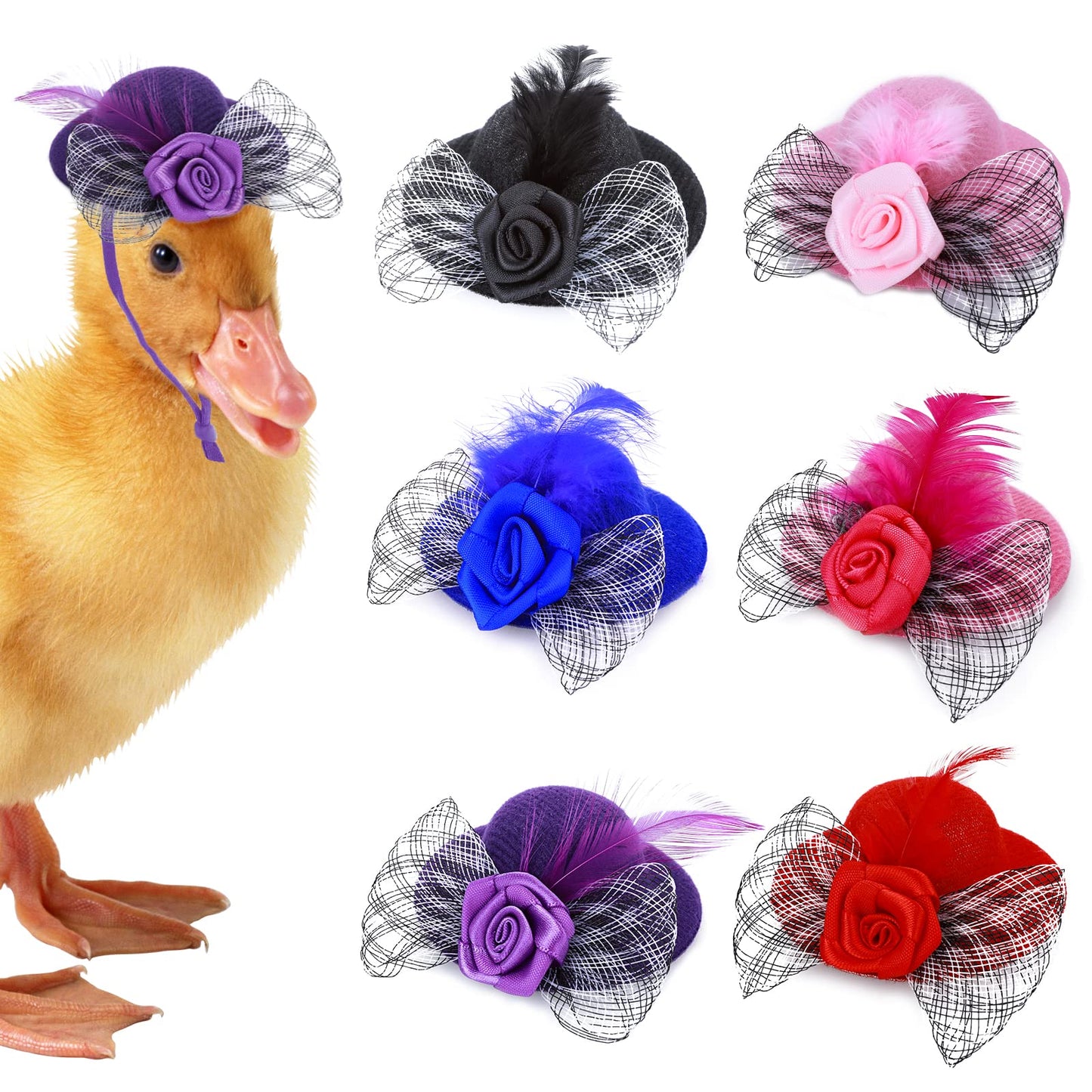 cobee Chicken Hats for Hen, 6PCS Mini Cap Hamster Hat Small Animal Hat Feather Hat Chicken Helmet with Adjustable Elastic Chin Strap for bird Lizards Parrot