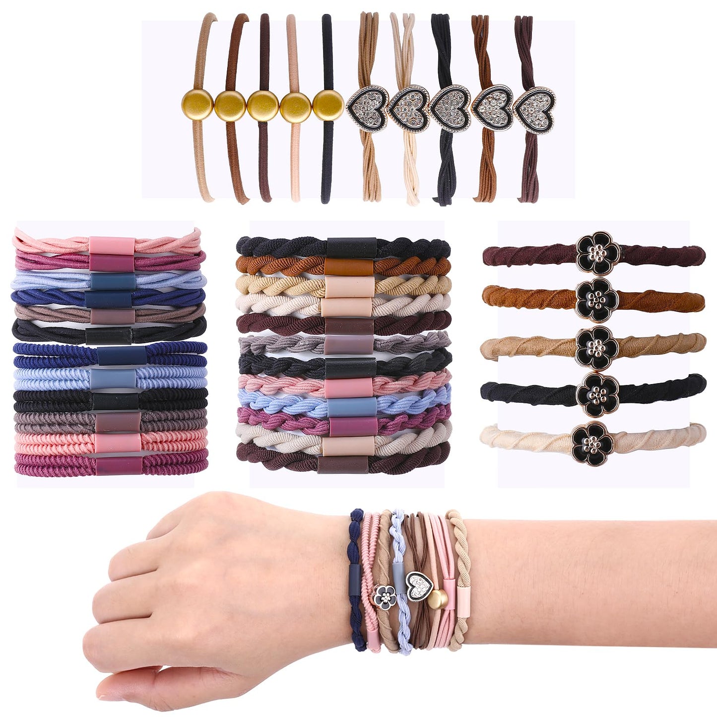 TIESOME Boho Hair Ties Bracelets for Women, 44Pcs Elastic Cute Hair Tie Bracelets Nylon Seamless Hair Bands Dual-Use Hair Ties Accessories Soft Ponytail Holders for Thick & Thin Hair No Damage Hair