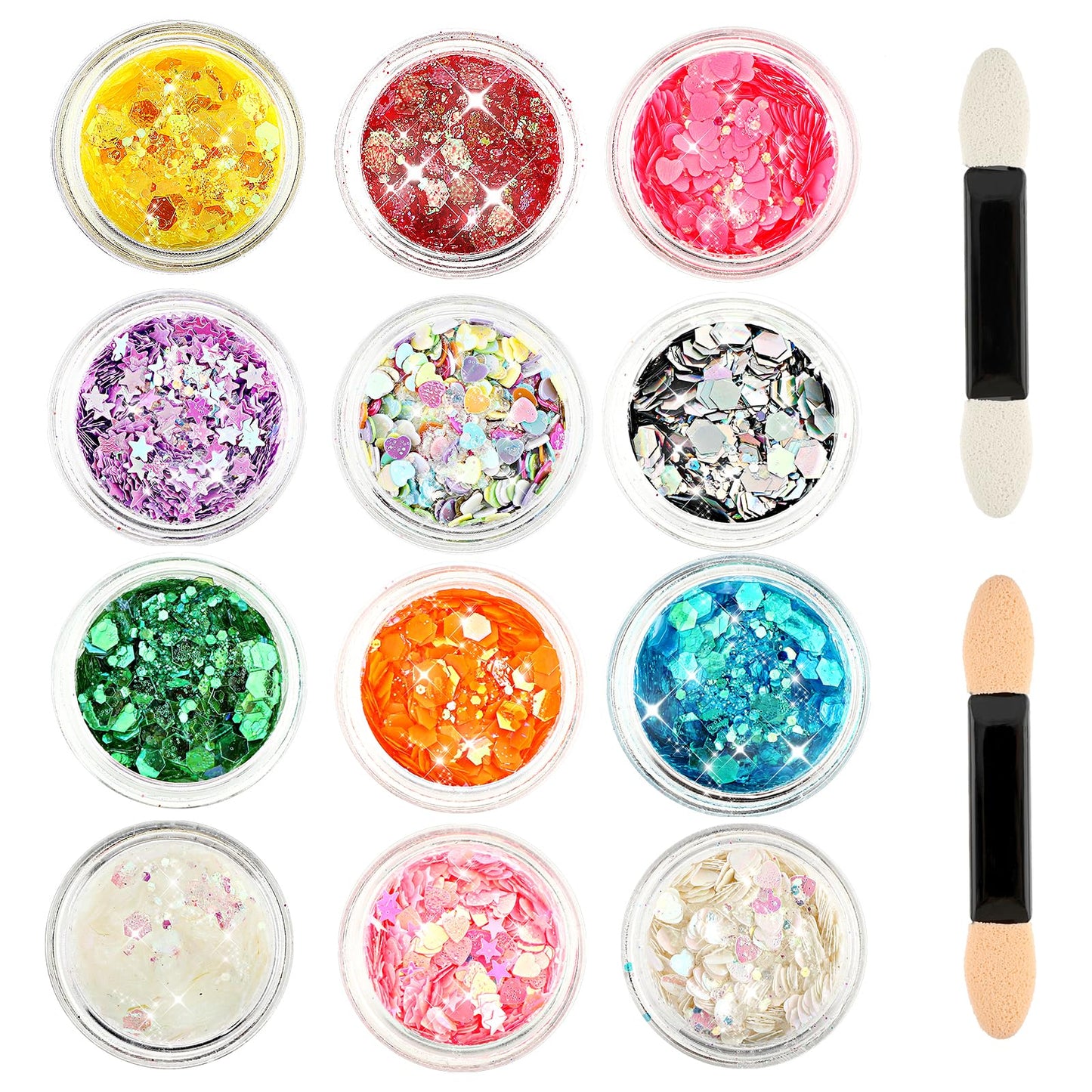 Giantree 12 Colors Face Glitter Sequin with 2 Makeup Brush, Festival Glitter Sequin Halloween Make-Up Glitter Hair Body Glitter for Nail Art Body Face Hair Glitter Sequins(Color 2)