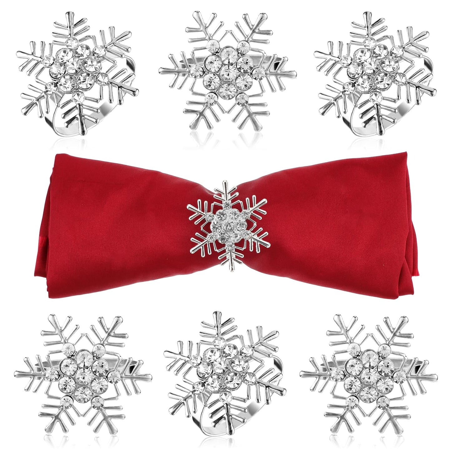 Andibro Christmas Snowflake Napkin Rings, 6Pcs Xmas Metal Rhinestone Serviette Ring Holder Buckle Santa Dinner Tables Setting Decorations Napkin Holder for Christmas Wedding Parties Table(A)