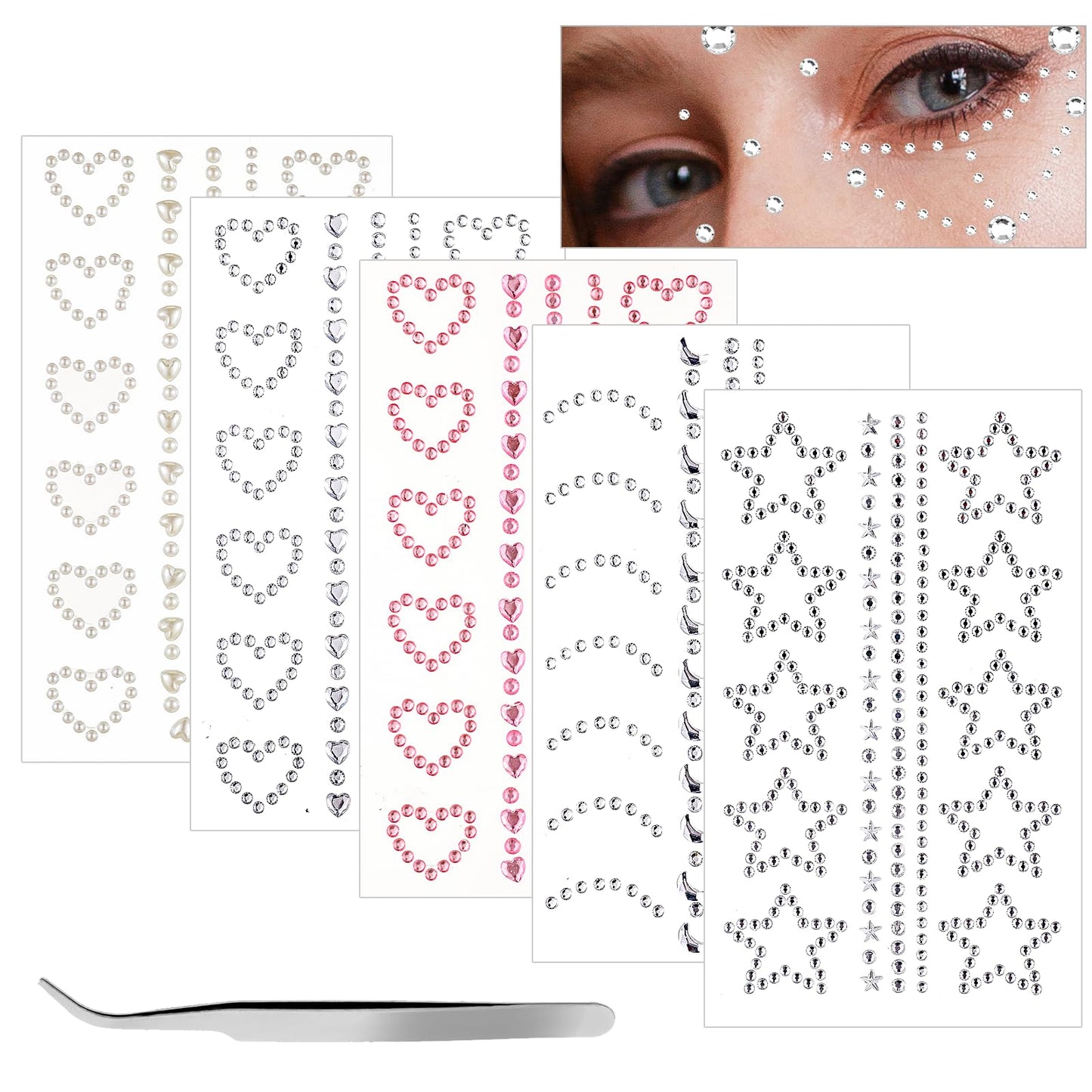 GEEHUA 5 Sheets Self Adhesive Face Gems for Makeup, 3D Heart Star Moon Face Rhinestone Stickers Face Gem Stick On Face Eye Nail Body Crystal Pearls Face Sticker Jewels Makeup Festival Face Gem Crafts