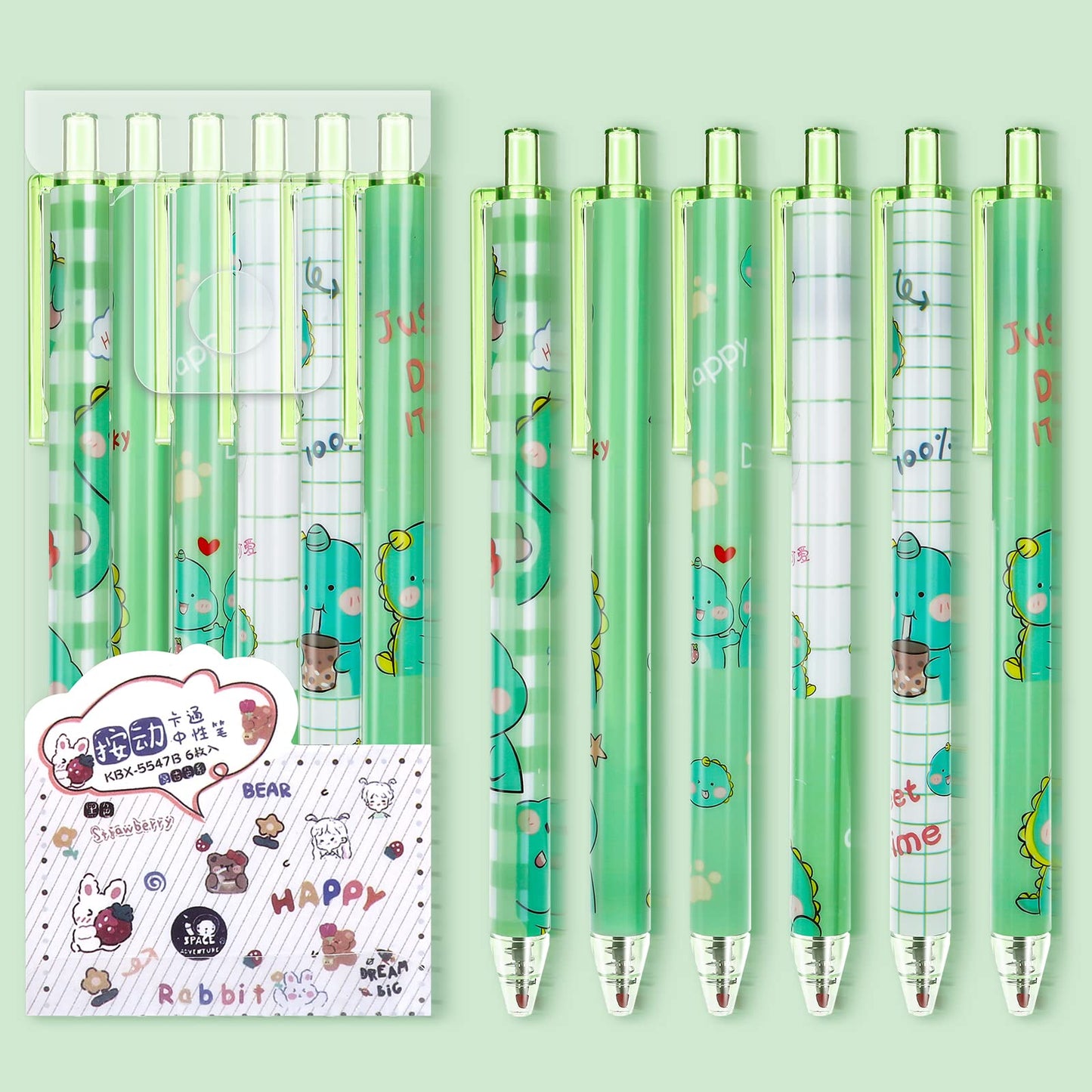 cobee Pure Retractable Gel Ink Pens, 6pcs Cartoon Kawaii School Pens, Fine Point, Needles Tips, Black Ink 0.5mm Pens for Writing Journaling Taking Notes (Dinosaur Style)