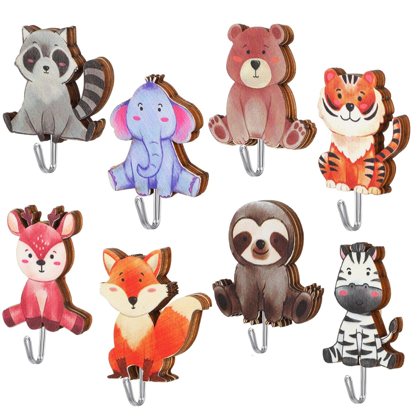 XLIUAX Pack of 8 Cute Animal Coat Hooks, Colour Self-Adhesive Wooden Cartoon Wall Hook, Elephant Lion Fox Little Bear Children's Coat Hooks for Bedroom Bathroom Kitchen