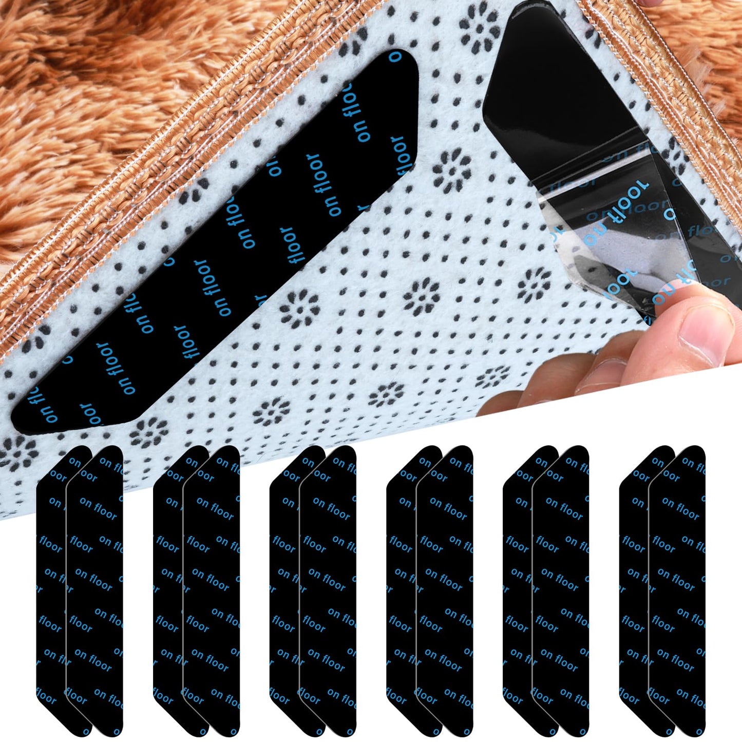 TIESOME Anti slip Rug Tape Grippers, 12 Pieces Reusable Carpet Non-SlipTape Washable Rug Pads Rug Grips Area Rug Corner Side Gripper for Hard Floors Hardwood Floor