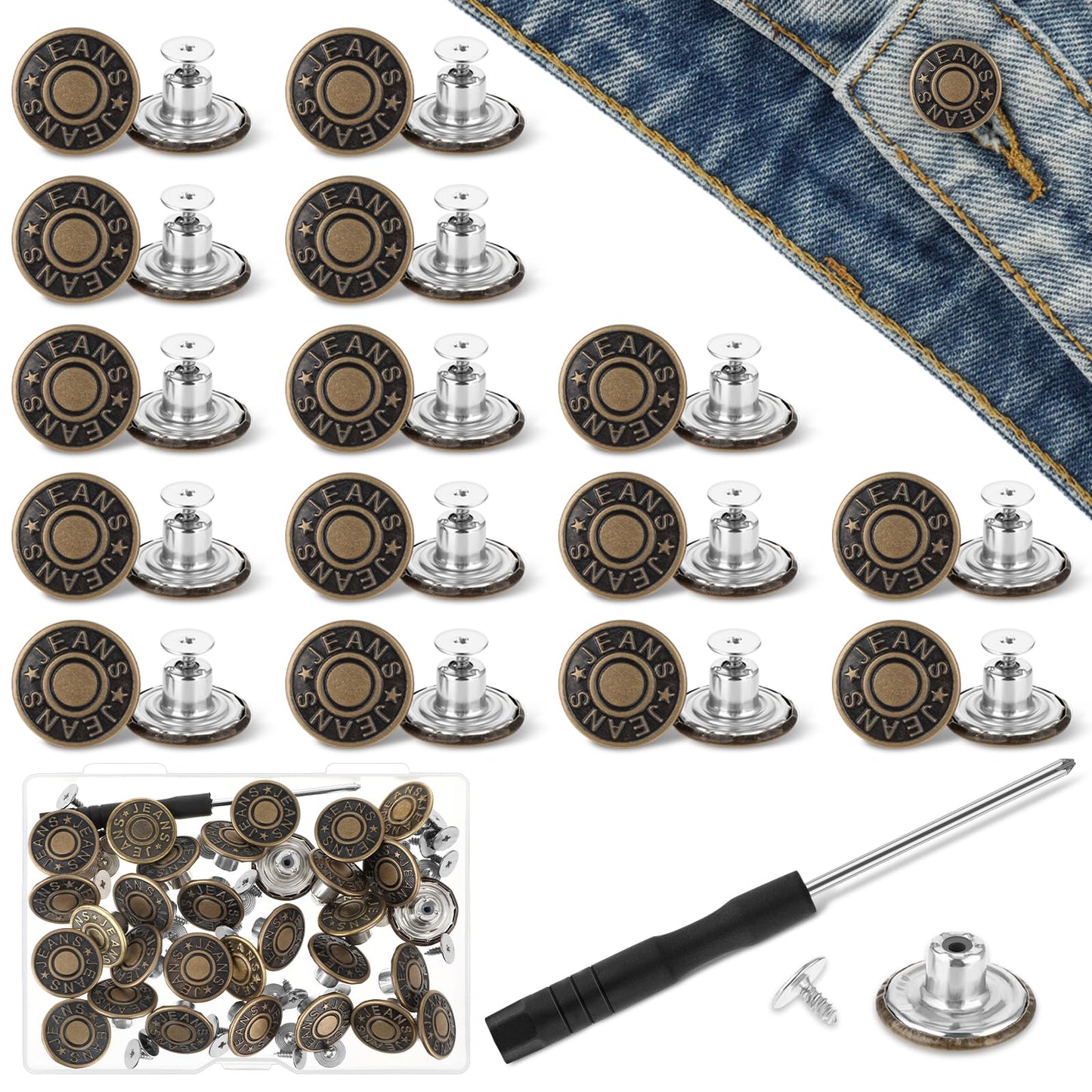 Amabro 30PCS Replacement Buttons, 17mm No Sew Reusable Jeans Pants Button Tightener and Adjustable Button Pins for Loose Jeans Trousers