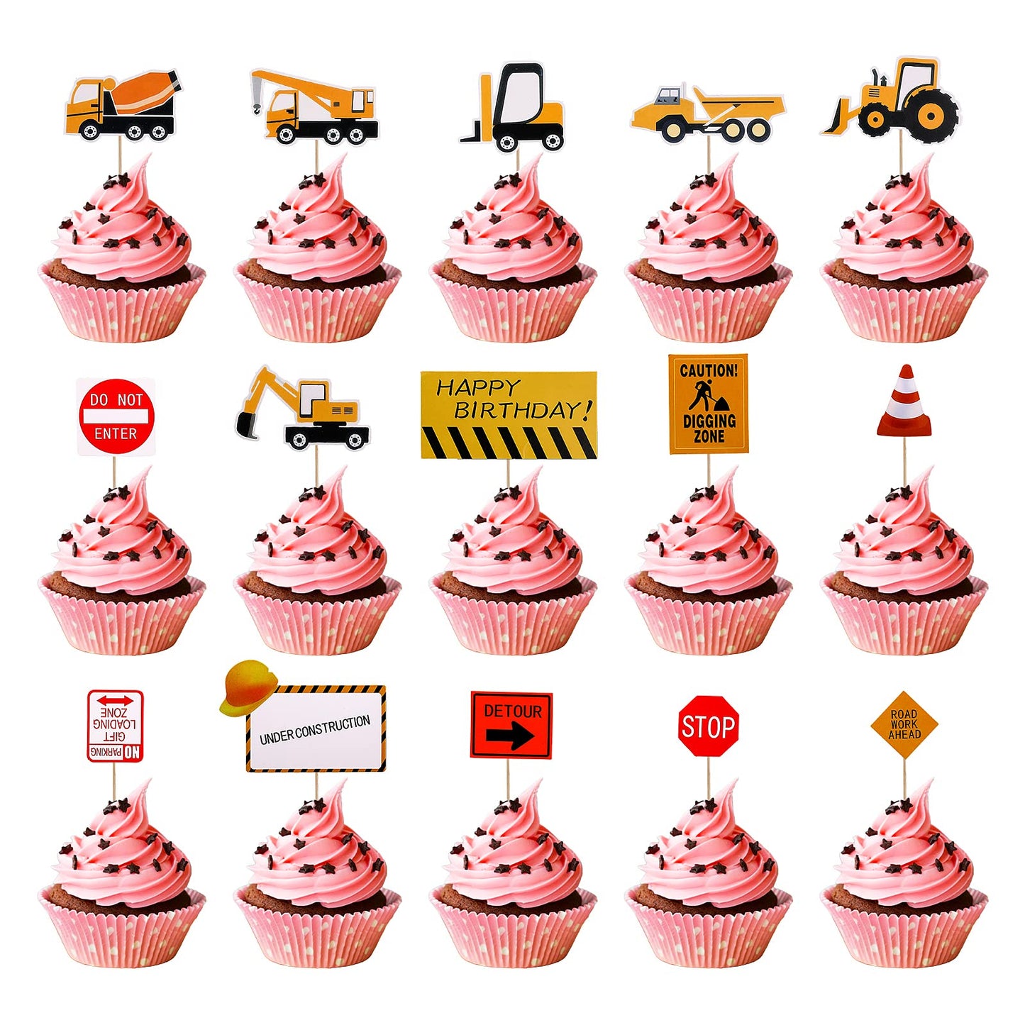 Cobee Construction Cupcake Toppers, 37 Pieces Party Cake Toppers Dump Truck Excavator Tractor Cars Decorations for Construction Party Supplies Kids Birthday Cake Decorations