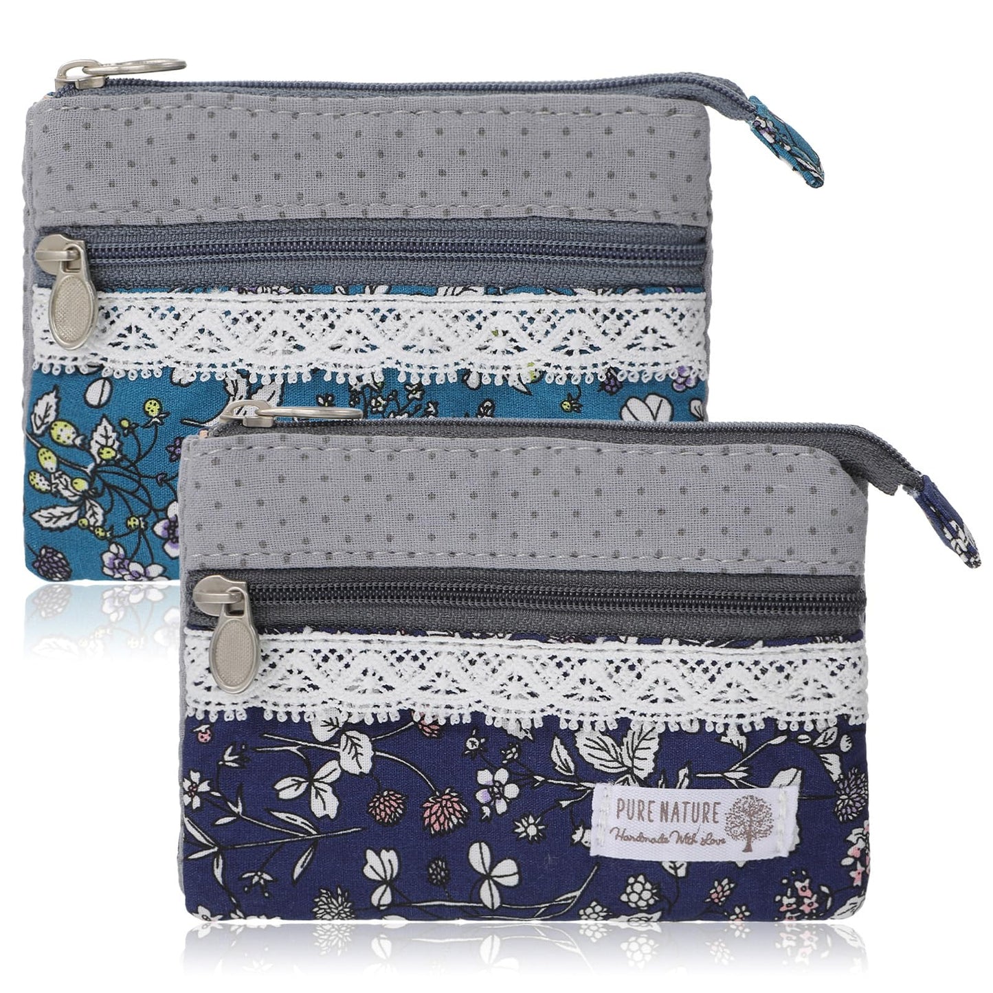 WJIAAA Pack of 2 Women's Mini Purses, 4 Layers Zip Pockets, Mini Purse, Small Canvas Purse for Coins, Cash and Cards, 12 x 9 cm, Royal Blue/Black, Bohemian charm