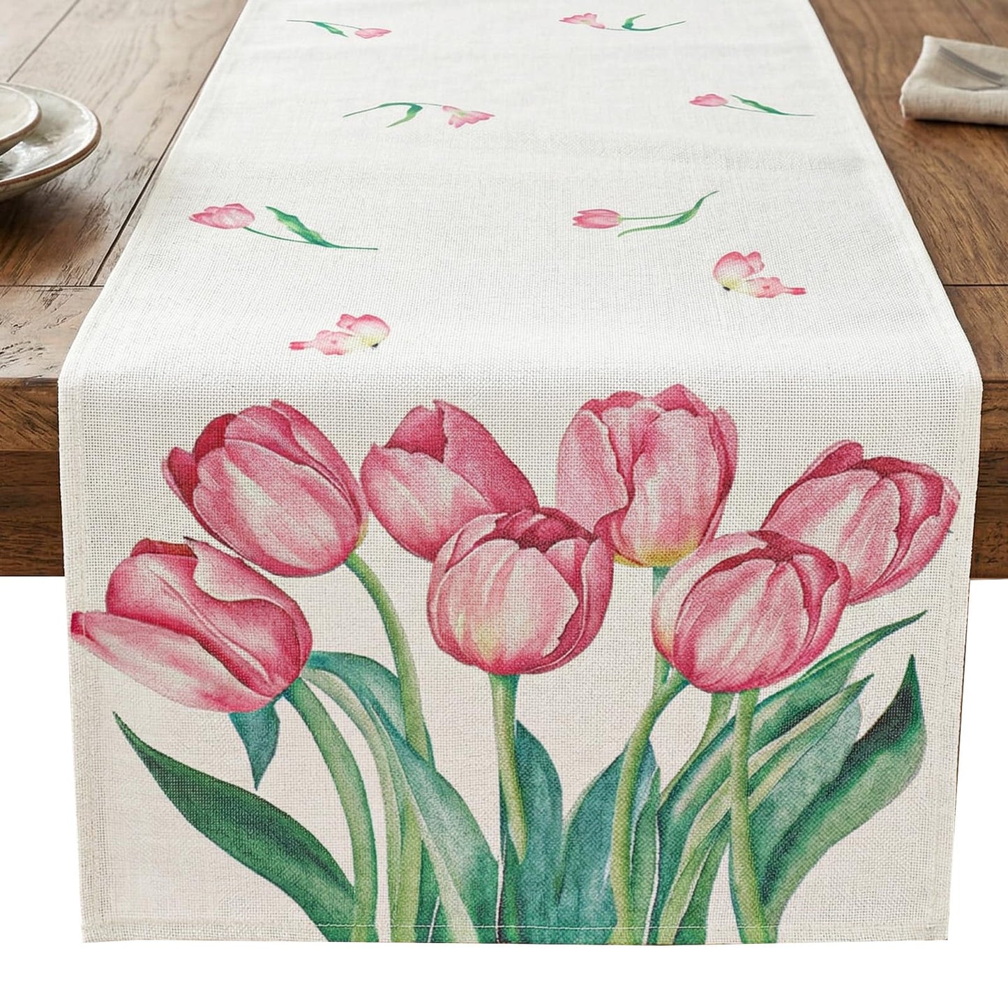 Amabro Pink Flowers Tulips Table Runner, Washable with Butterflies Watercolor Design for Spring Kitchen Dining Living Room Indoor and Outdoor Party,40x140cm
