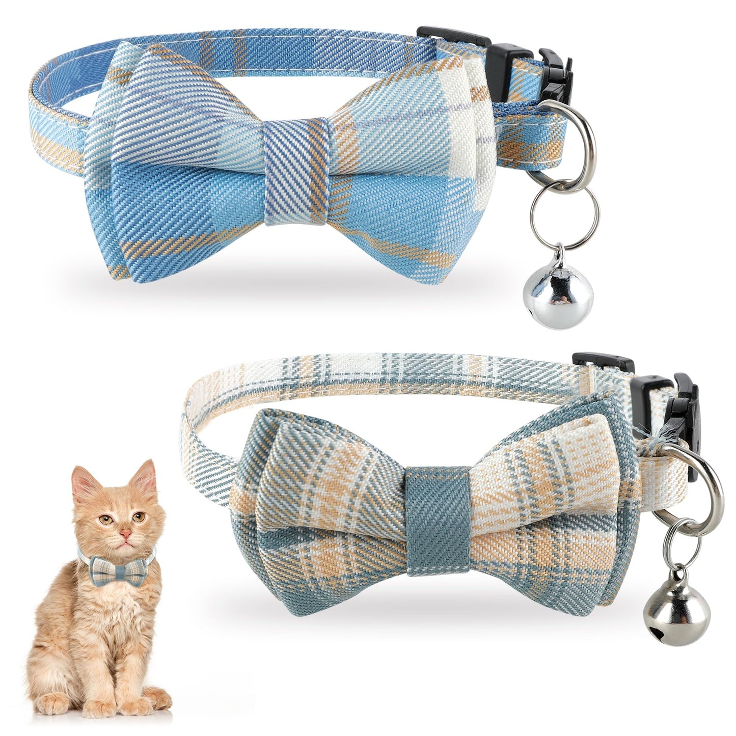 Jeffdad 2Pcs Cat Collar Breakaway, Cat Collar with Bells Bowtie Plaid Cat Collar Adjustable 7.5-12.5 Inch for Kitten Puppy and Small Pets (Blue and white plaid)