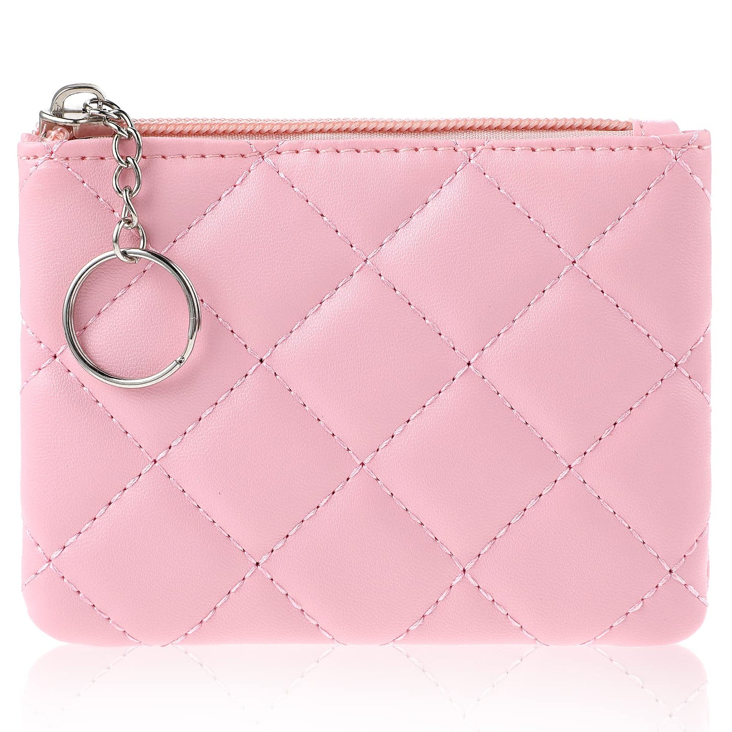 TIESOME Coin Purse, Rhombus Embroidery PU Zipper Coin Purse Portable Wallet Short Ladies Coin Purse Zippered Keychain Mini Coin Bag for Women & Men Coin Wallet (Pink)