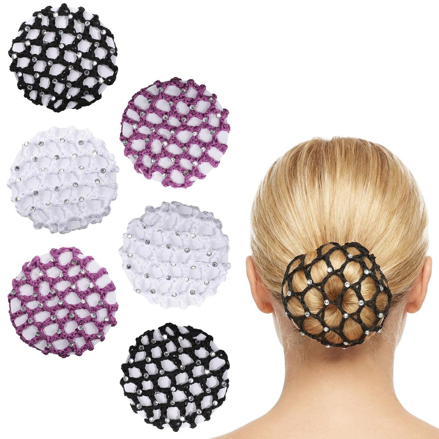 WJIAAA Pack of 6 Bun Net Hair Net, Glitter Rhinestones Ballet Bun Net, Hair Nets Hairstyles, Elastic Edge Ballet Accessories, Hair Nets Figure Skating Rhythmic Sports Gymnastics, Black White Purple