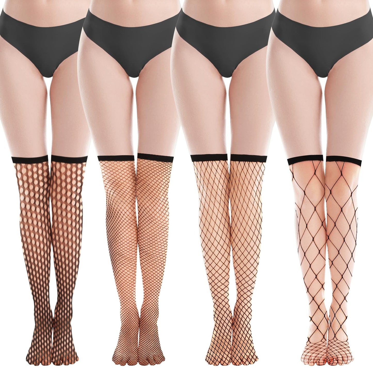AOZUO 4 Pairs Women's Knee High Fishnet Stockings, Mesh Net Hollow Out Socks Black Fishnets Stockings for Women Girls Trouser, Black, Medium