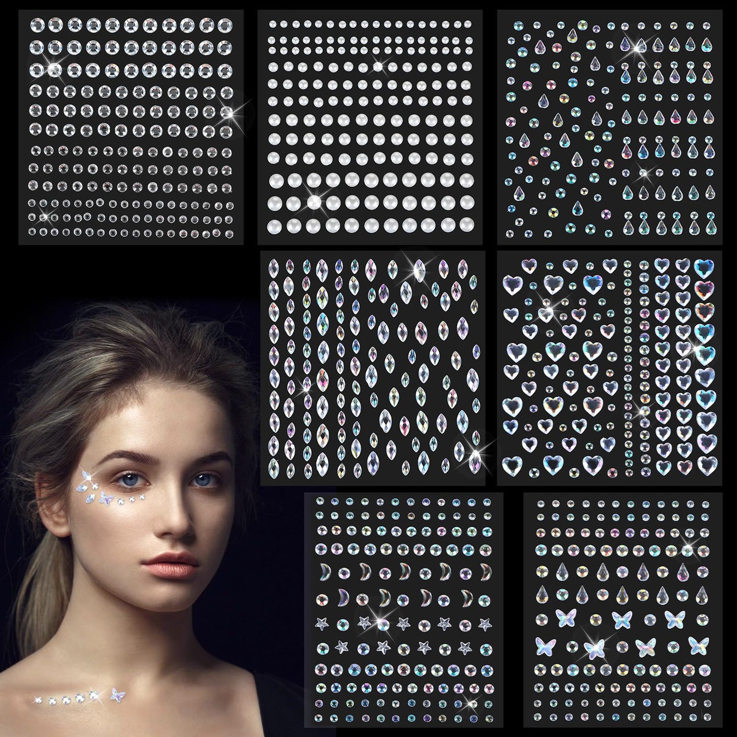 JIEYAO 998 Pcs Self-Adhesive Face Gems Stickers, 7 Sheets Face Rhinestones Stick On, Glitter Crystal Face Jewels Sticker Bling Temporary Tattoo for Face for Face Eyes Body Nails Festival Make-Up