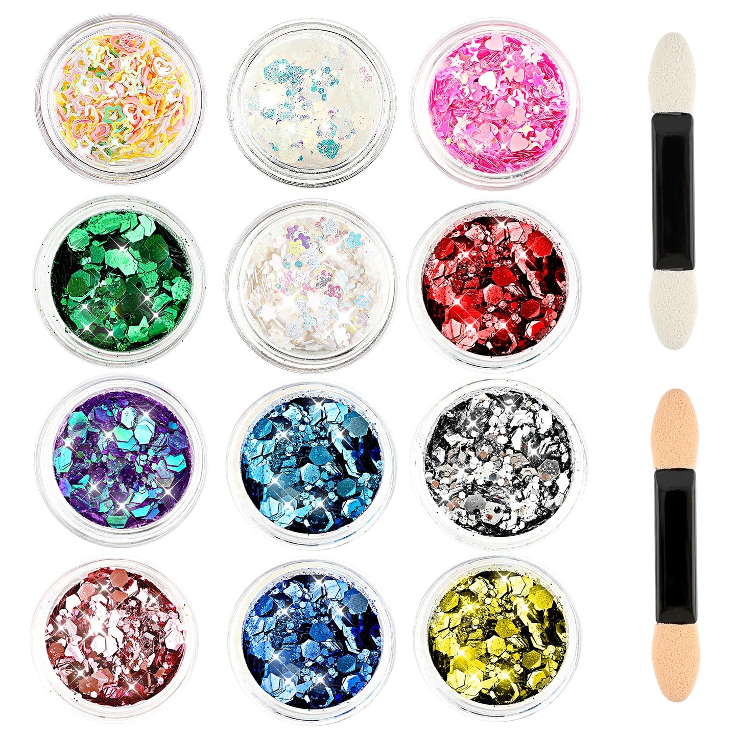 Giantree 12 Colors Face Glitter Sequin with 2 Makeup Brush, Festival Glitter Sequin Halloween Make-Up Glitter Hair Body Glitter for Nail Art Body Face Hair Glitter Sequins(Color 1)
