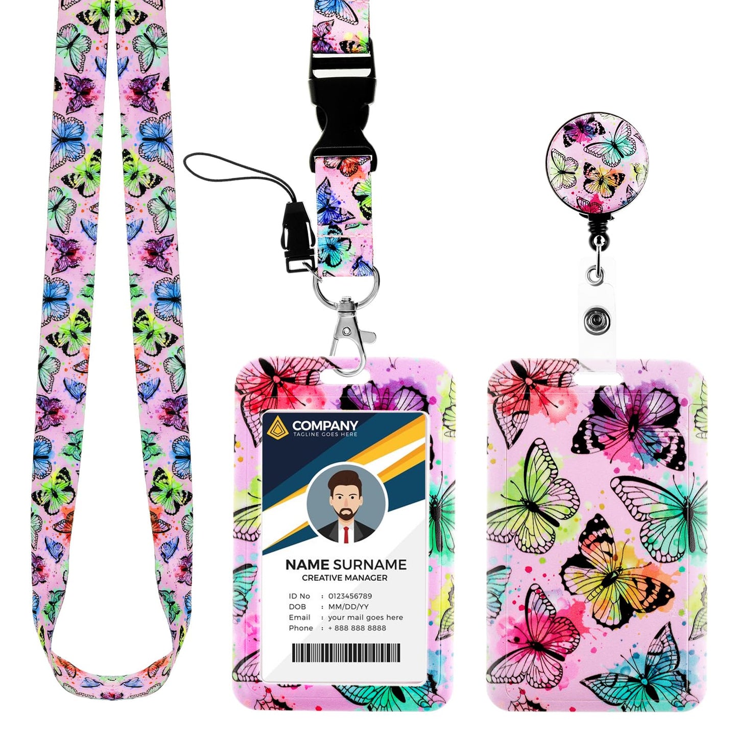 Amabro Butterfly Badge Holder with Lanyard, Retractable Badge Reel Clip Key Lanyard Cute ID Card Holder with Breakaway Lanyard Vertical ID Badge Holder Keychain for Nurse Teacher Women (Gradient Pink)
