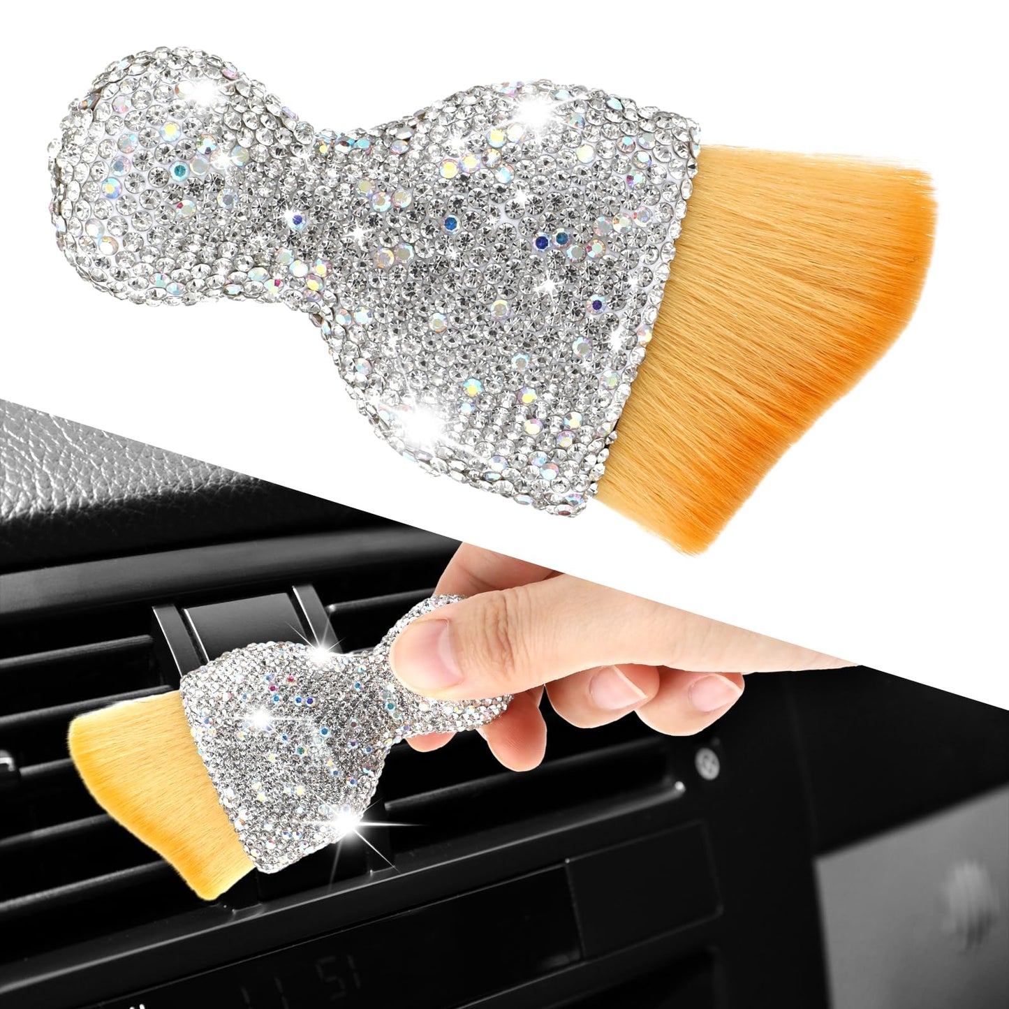 GEEHUA Rhinestones Car Interior Detailing Brushes, Bling Soft Bristle Cleaning Brush Diamond Auto Car Dust Sweeping Brush Curved Dirt Dust Collector Bling Car Dashboard Cleaning Tool for Women (White)