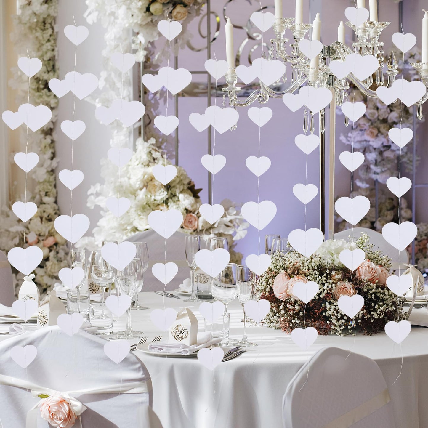 AOZUO 52Ft White Heart Garland, Valentine's Day Party Decorations Wedding Hanging Decoration Tinsel Streamer Banner for Birthday Anniversary Bridal Shower Engagement Bachelorette Galentines