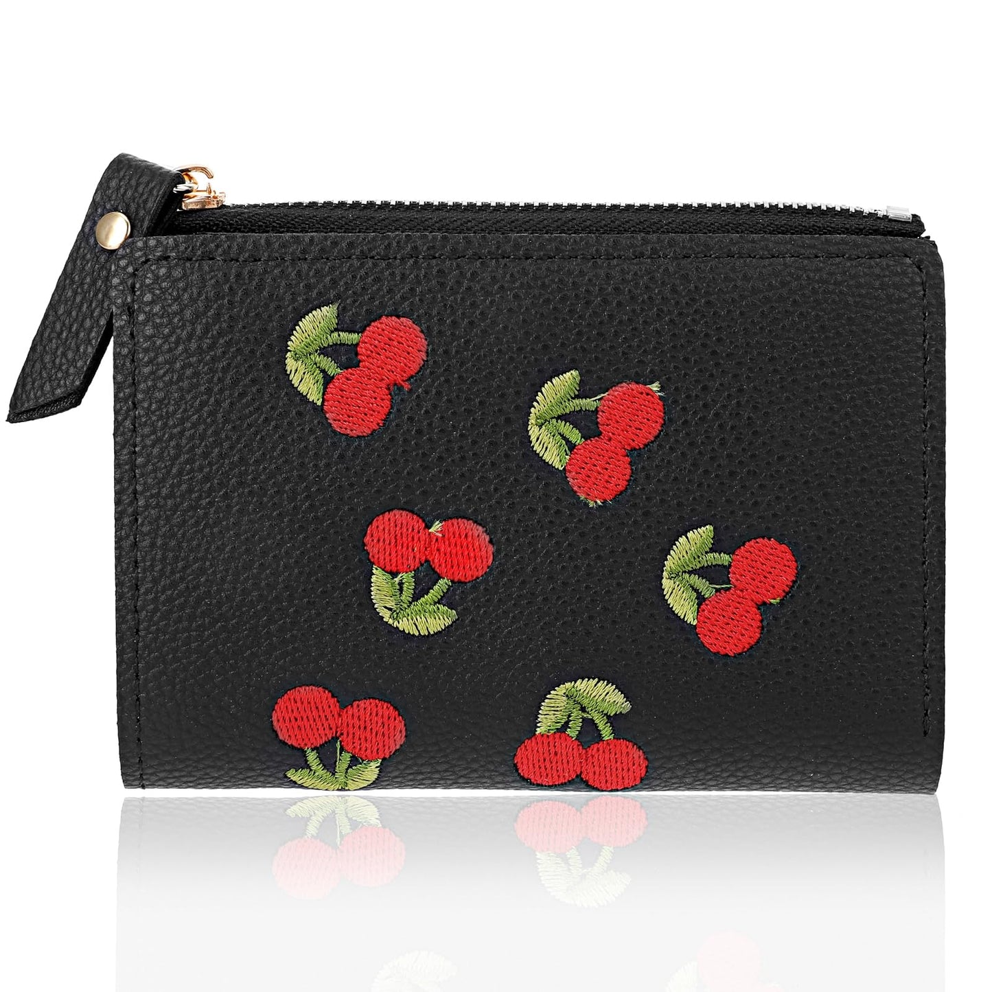 TIESOME Women's Wallets Cute Fashion Cherry Small Wallet Short Ladies Wallet Leather Zipper Wallets Card Holder Coin Purse (Black)