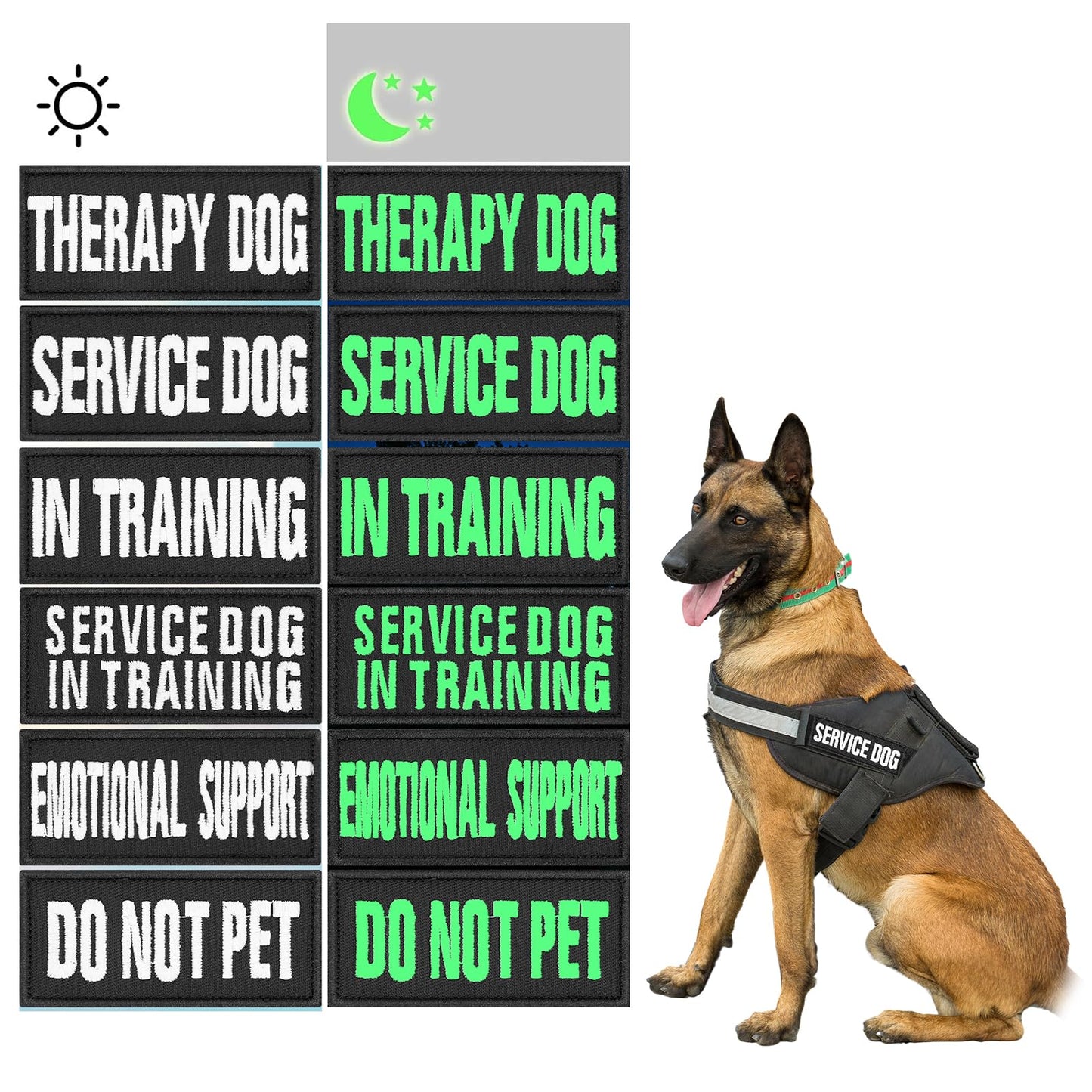 Amabro 6 Pcs Luminous Service Dog Vest Patches, Removable Embroidered Harness Patches with Hook Reflective Service Dog in Training Do Not Pet Emotional Support Therapy Dog 3.5x1.5inch