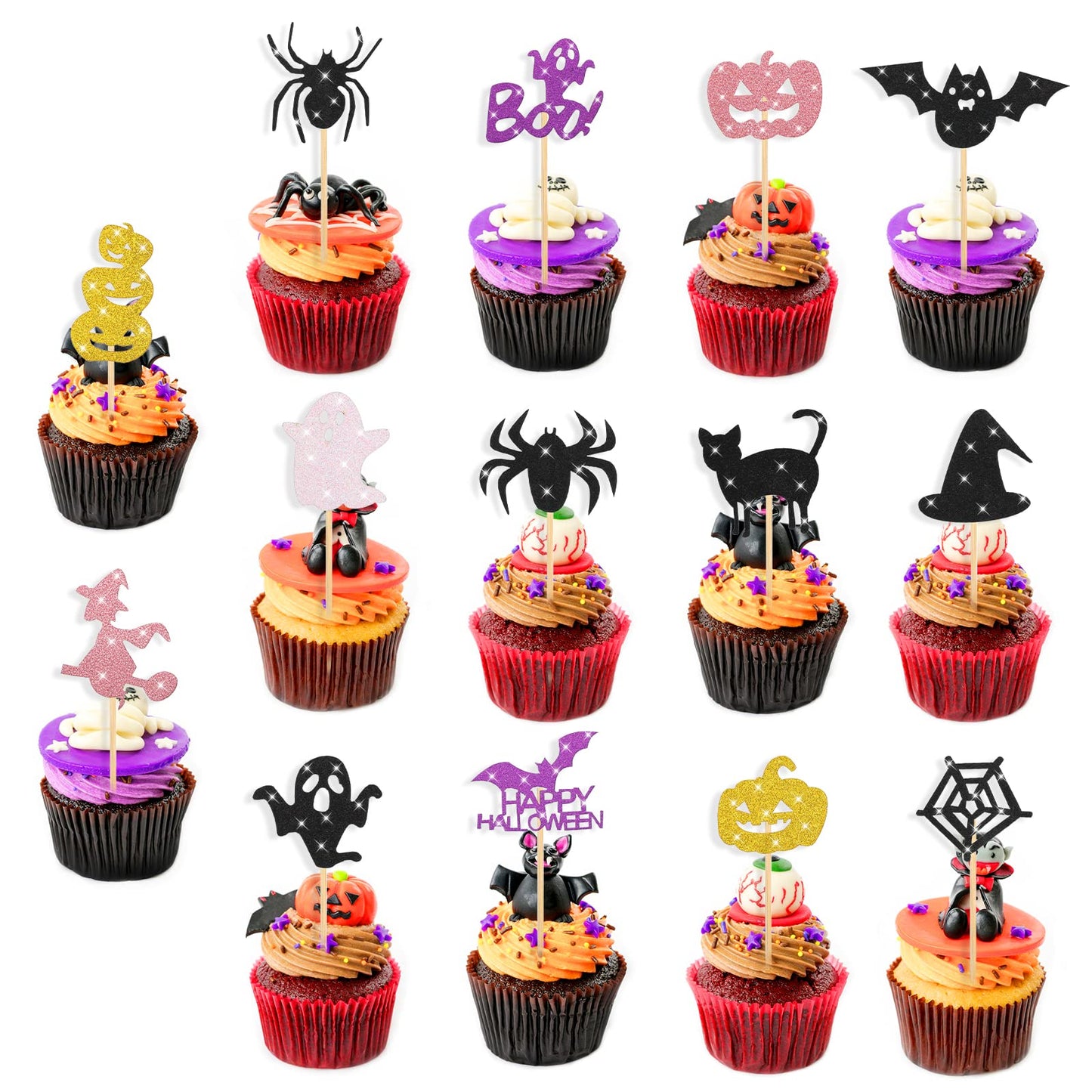 Cobee Halloween Cupcake Toppers, 28 Pieces Halloween Cupcake Decorations Glitter Pumpkin Witch Ghost Cake Cupcake Picks for Halloween Party Decor 14 Style(B)
