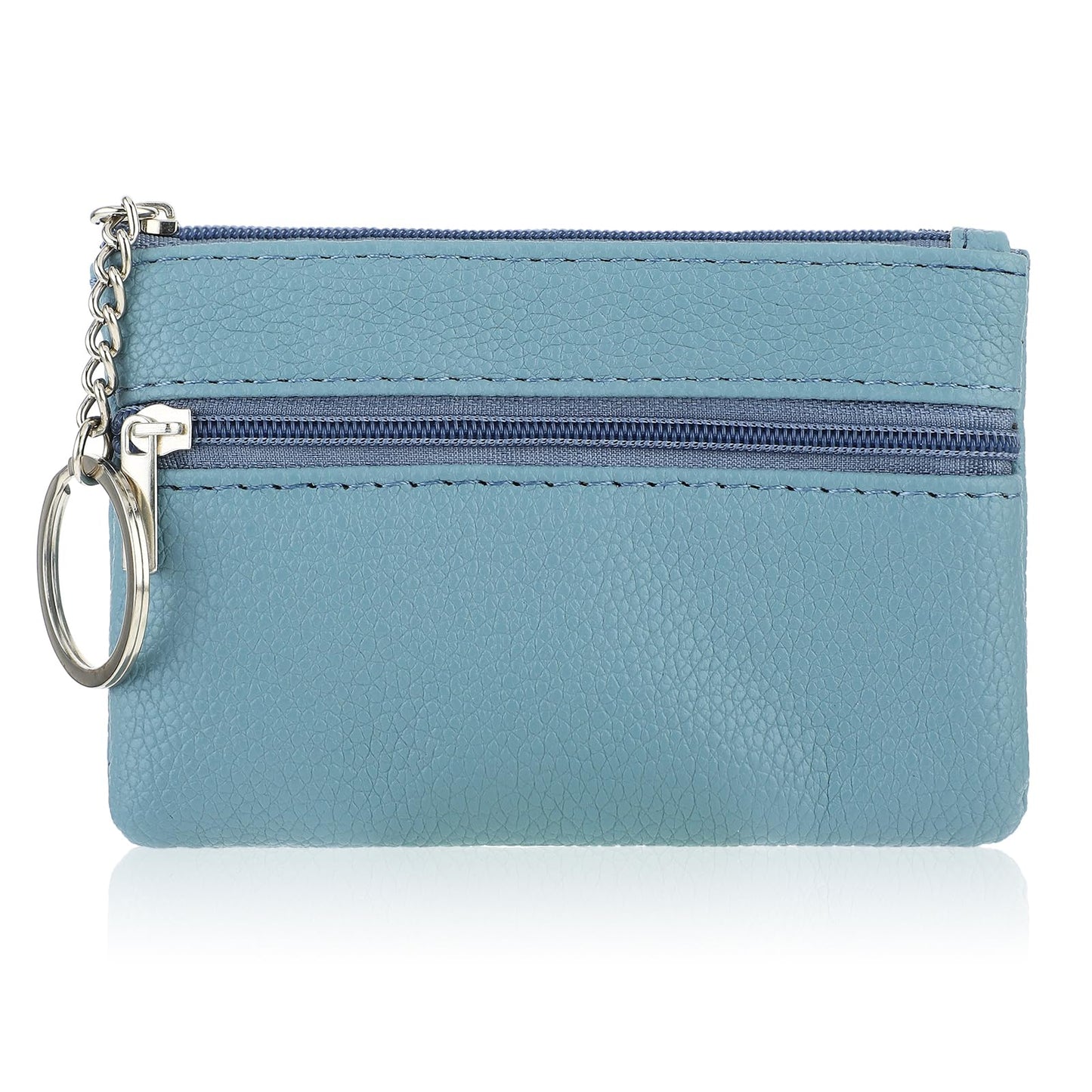 simarro Women Coin Purse, Solid PU Lychee Pattern Zip Mini Coin Purse with Key Ring Portable Change Wallet Mini Coin Pocket for Women Double Zipper Card Holder Wallet (Castle Blue)